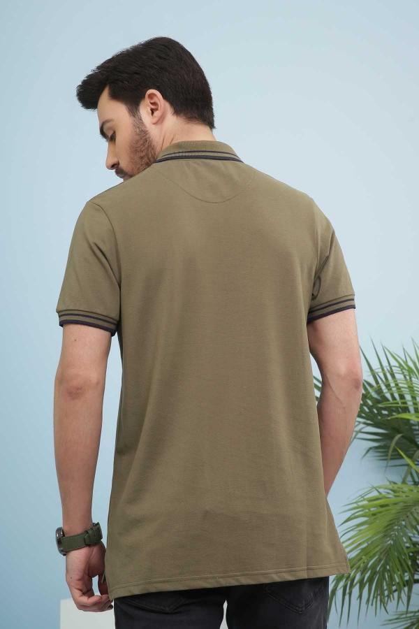 Olive green polo T-shirt back view with dark tipping on collar and sleeve cuffs.