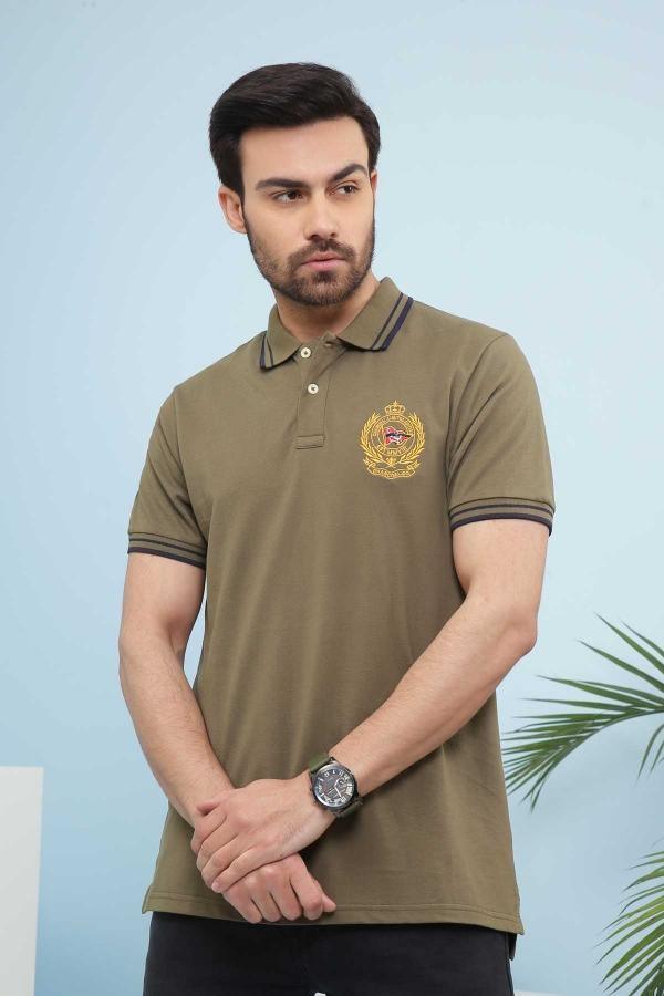 Olive green polo T-shirt with logo crest, button placket, and dark tipping trim.