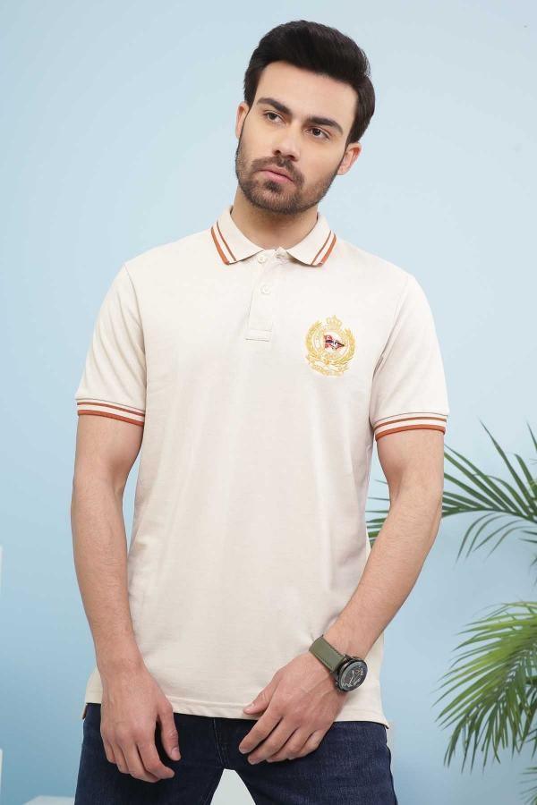 T SHIRT POLO TIPPING LIGHT BROWN at Charcoal Clothing