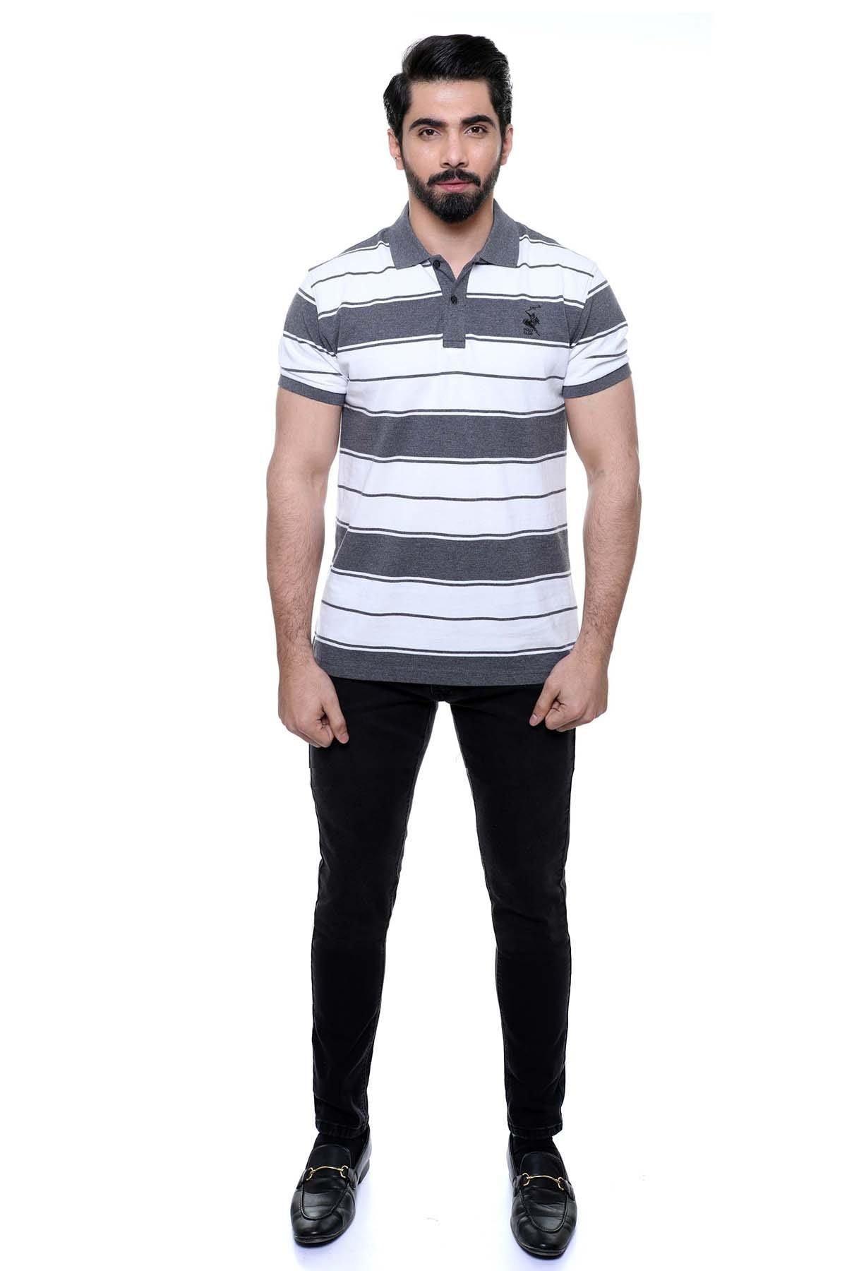Striped polo shirt with white base, dark gray horizontal stripes, short sleeves, chest placket