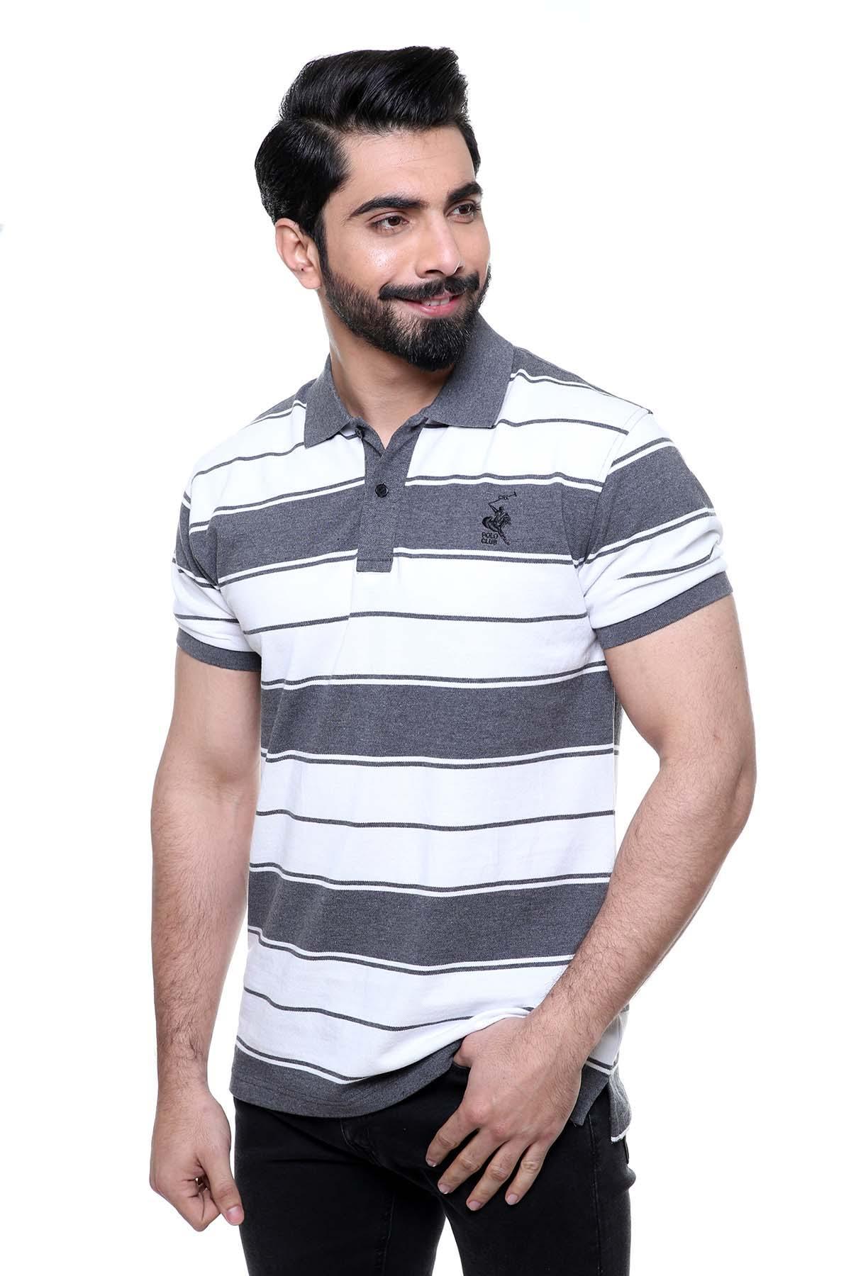 Striped short-sleeve polo shirt in white with dark gray stripes and buttoned collar