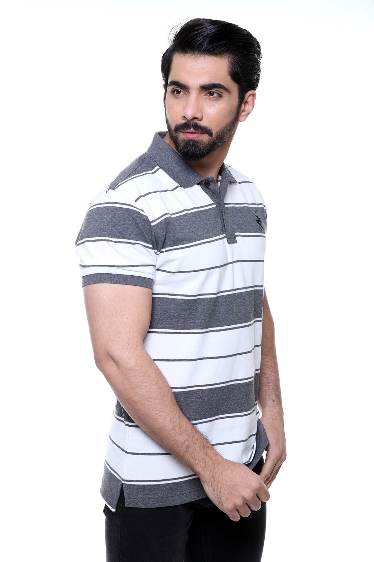 Striped polo shirt in white and dark gray with button placket and short sleeves
