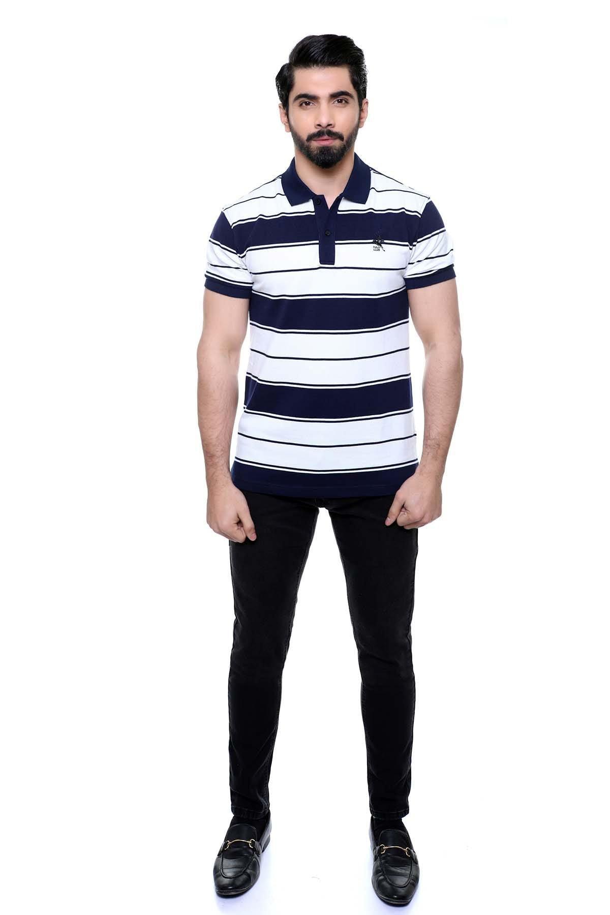 Men's striped polo shirt, navy and white, short sleeves with button placket