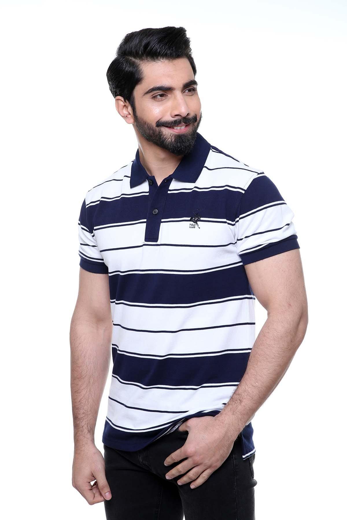 Striped polo shirt in navy and white, short sleeves, dark collar placket