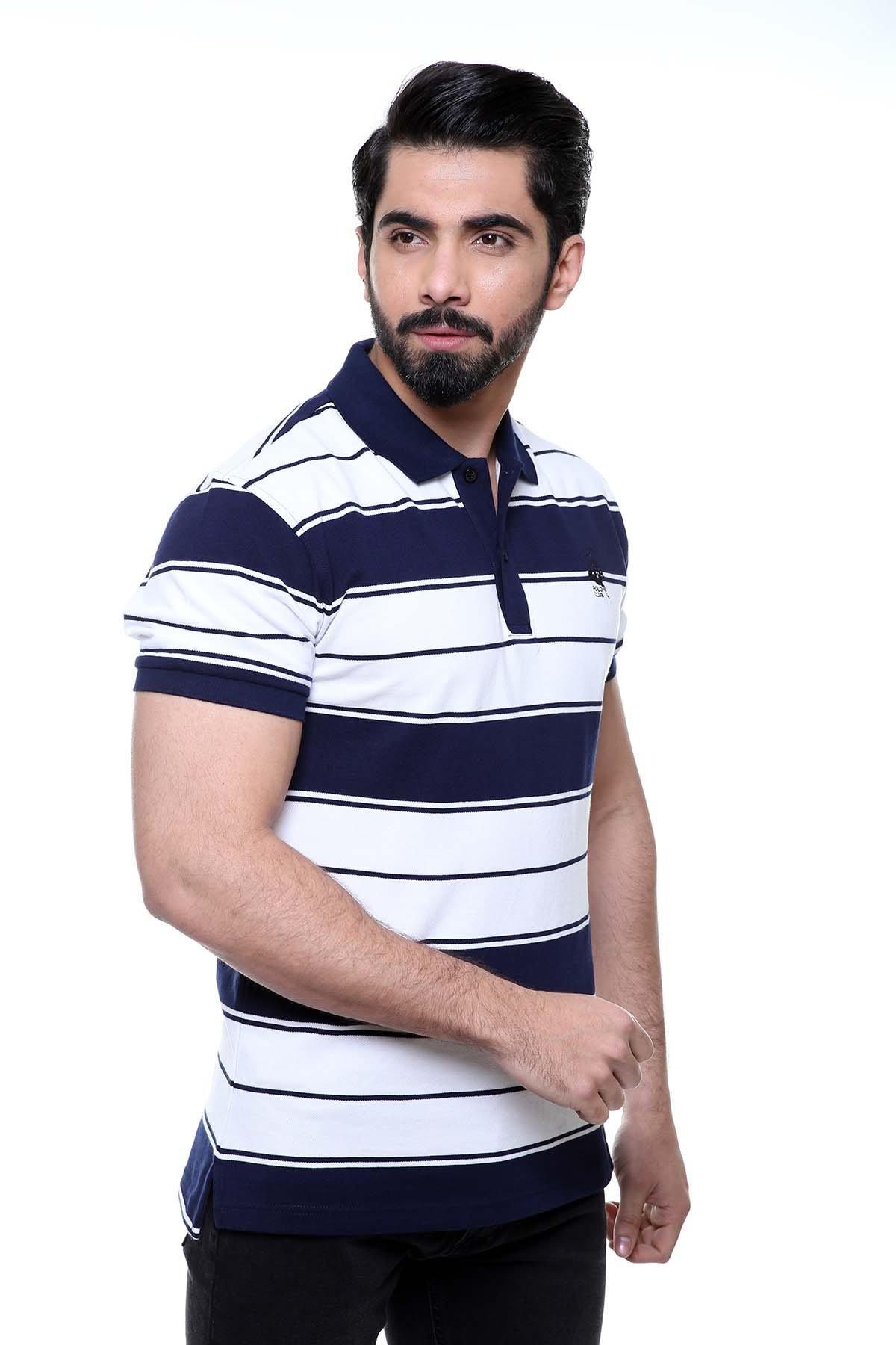 Navy and white striped polo shirt with folded collar and short button placket