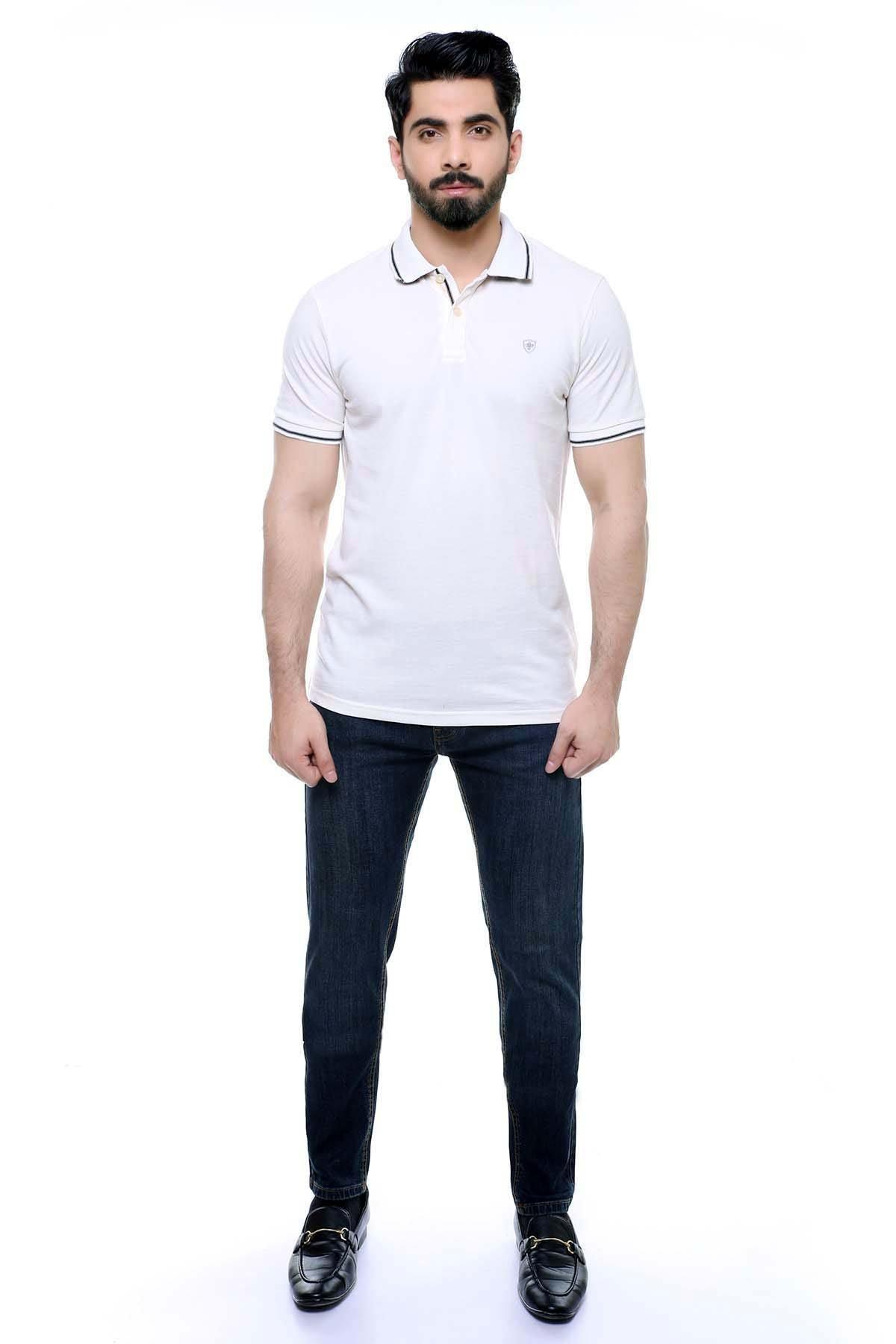Off-white polo shirt with ribbed collar, button placket, and short sleeves
