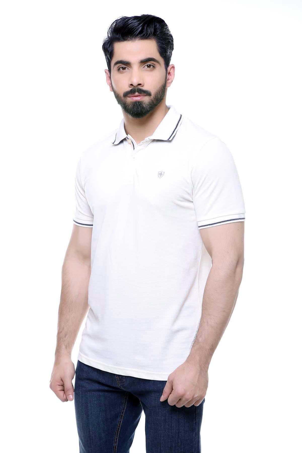 Off-white polo shirt front view with ribbed collar and button placket