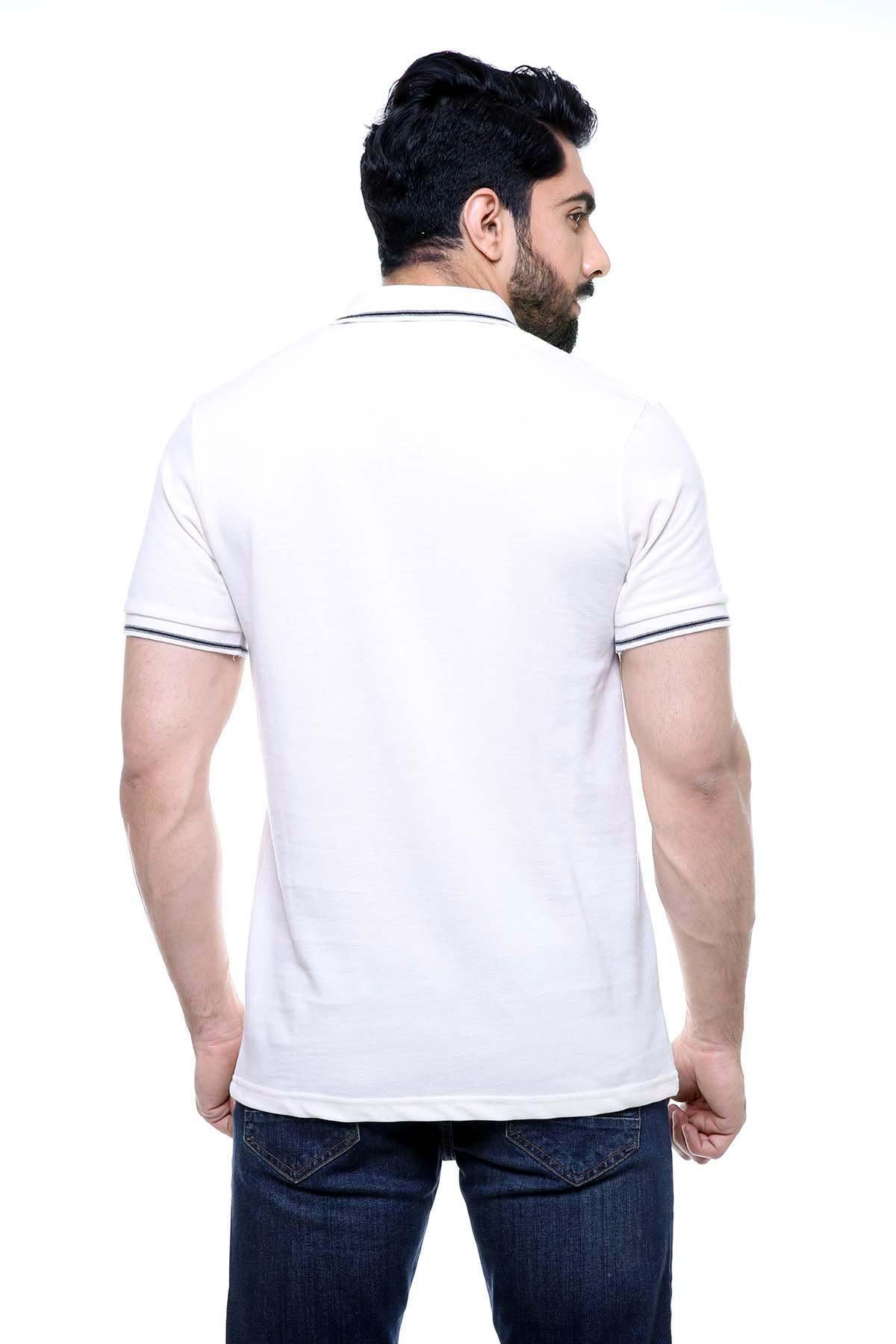 Off-white polo shirt back view with short sleeves and striped cuff trim