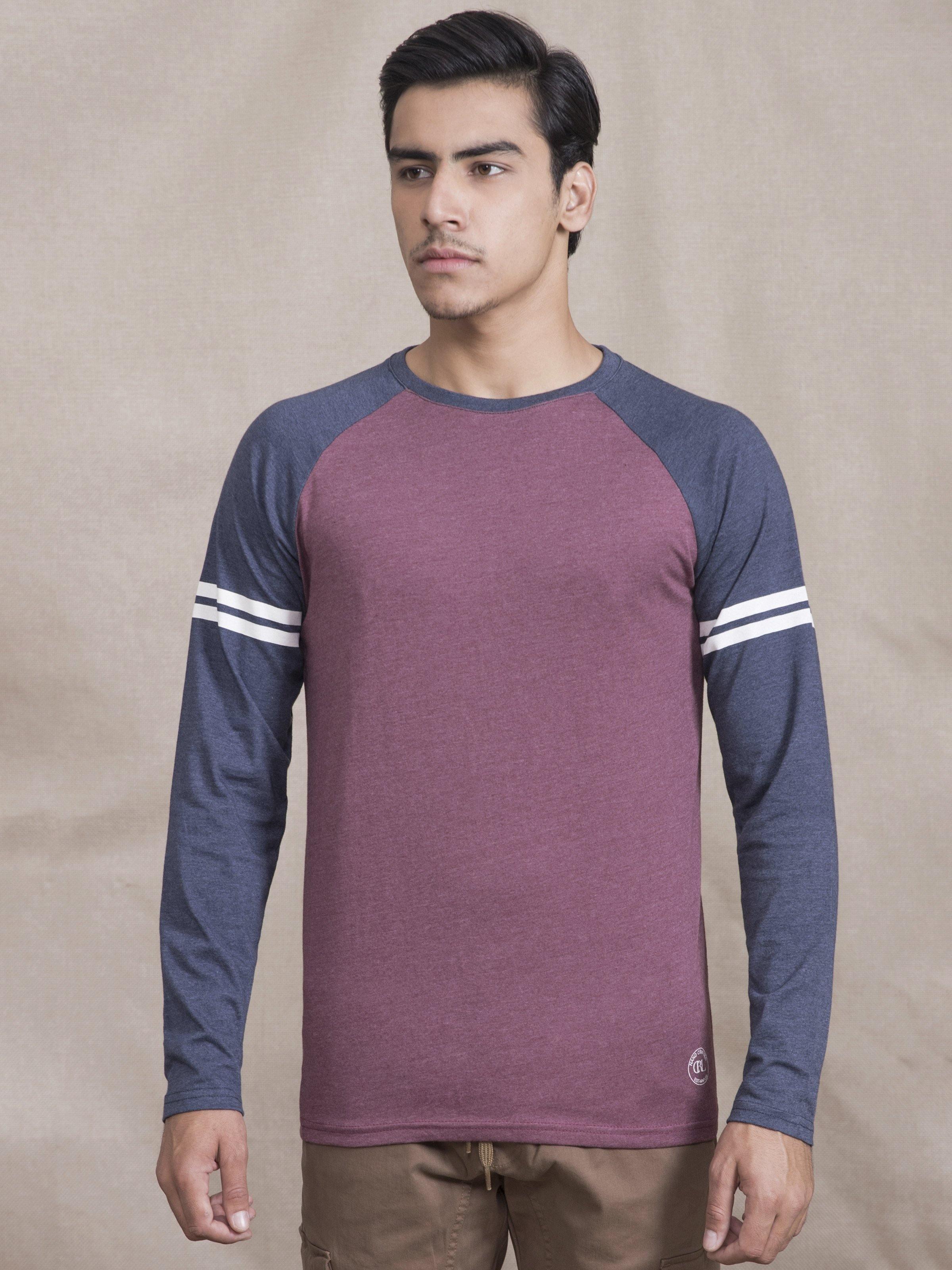 T SHIRT RAGLAN ROUND NECK FULL SLEEVE MAHROON NAVY at Charcoal Clothing