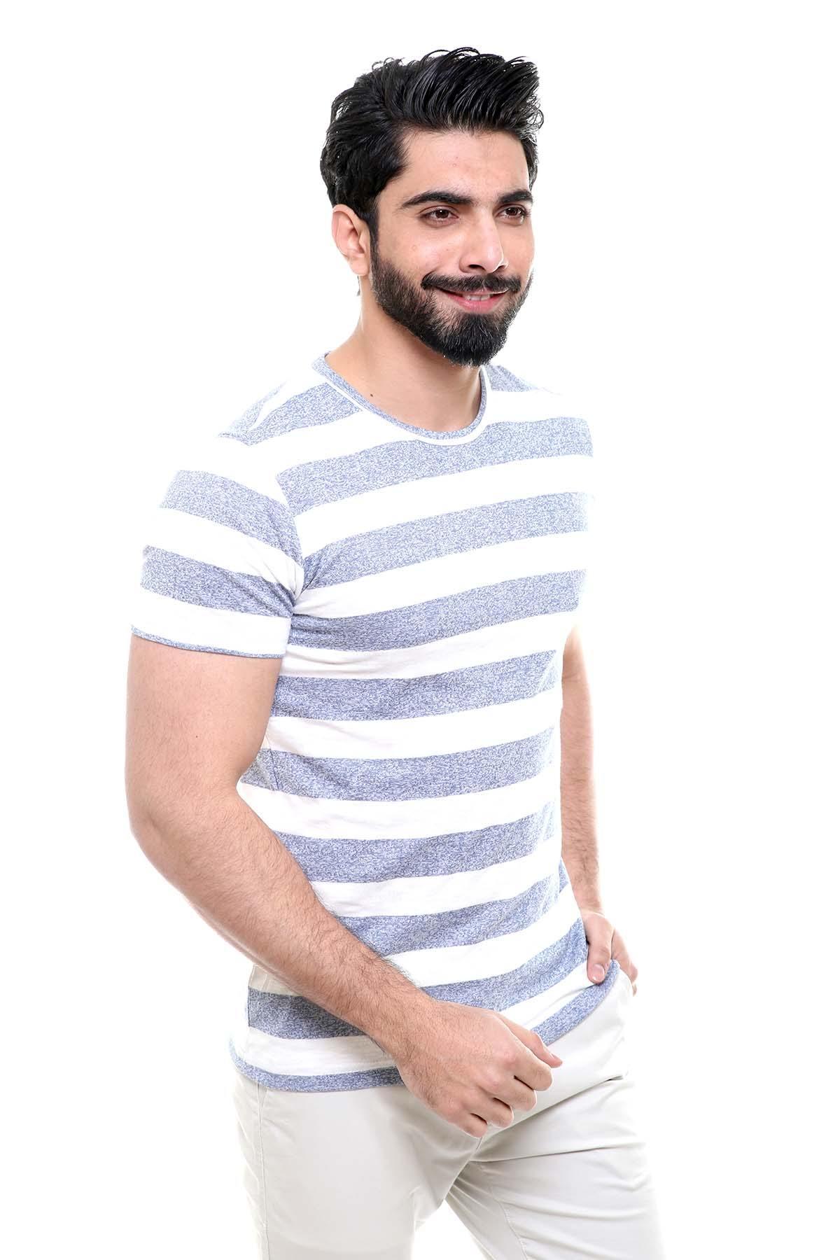 T SHIRT ROUND NECK BLUE WHITE LINE at Charcoal Clothing