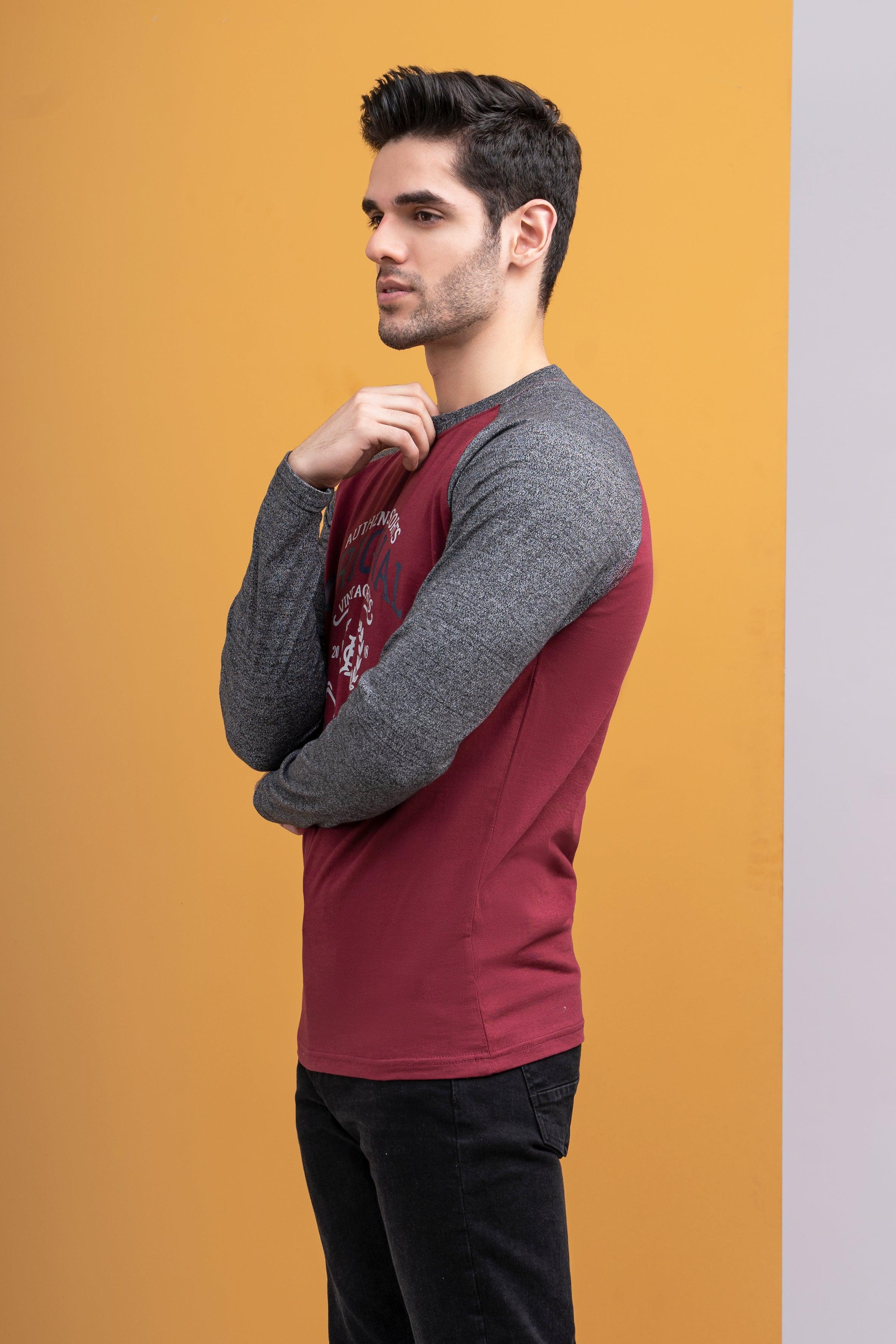 T SHIRT ROUND NECK FULL SLEEVE MAROON GREY at Charcoal Clothing