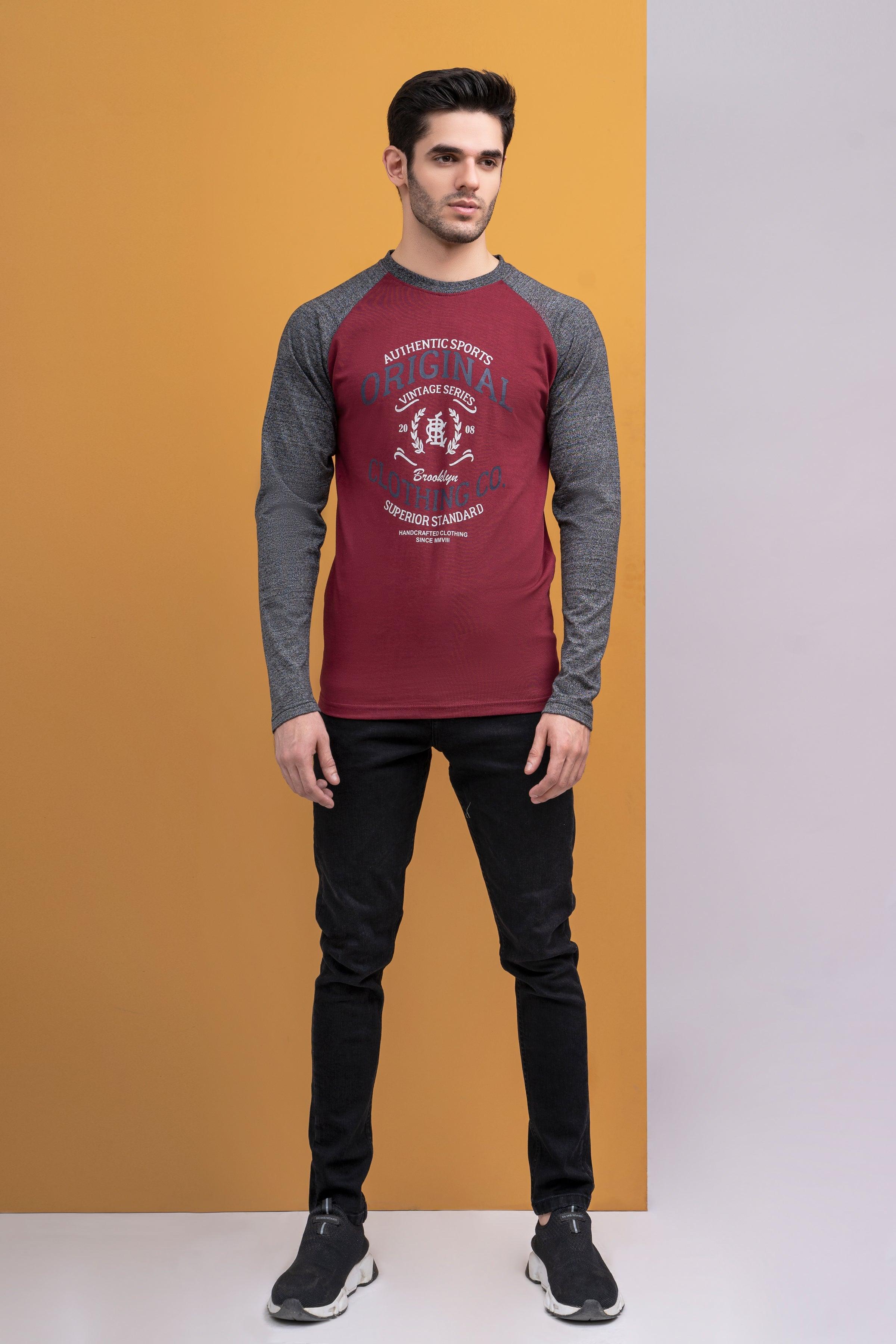 T SHIRT ROUND NECK FULL SLEEVE MAROON GREY at Charcoal Clothing