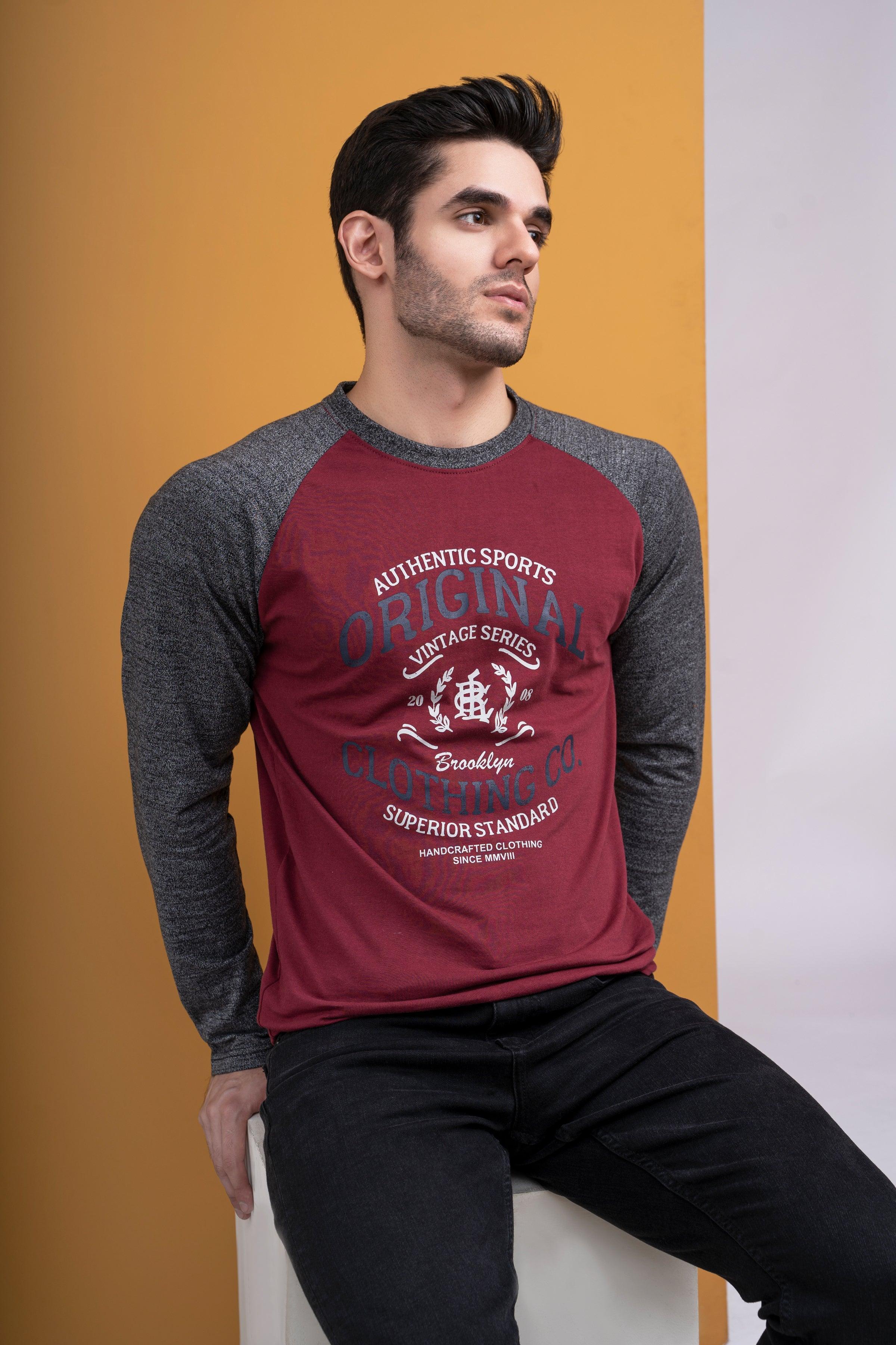 T SHIRT ROUND NECK FULL SLEEVE MAROON GREY at Charcoal Clothing