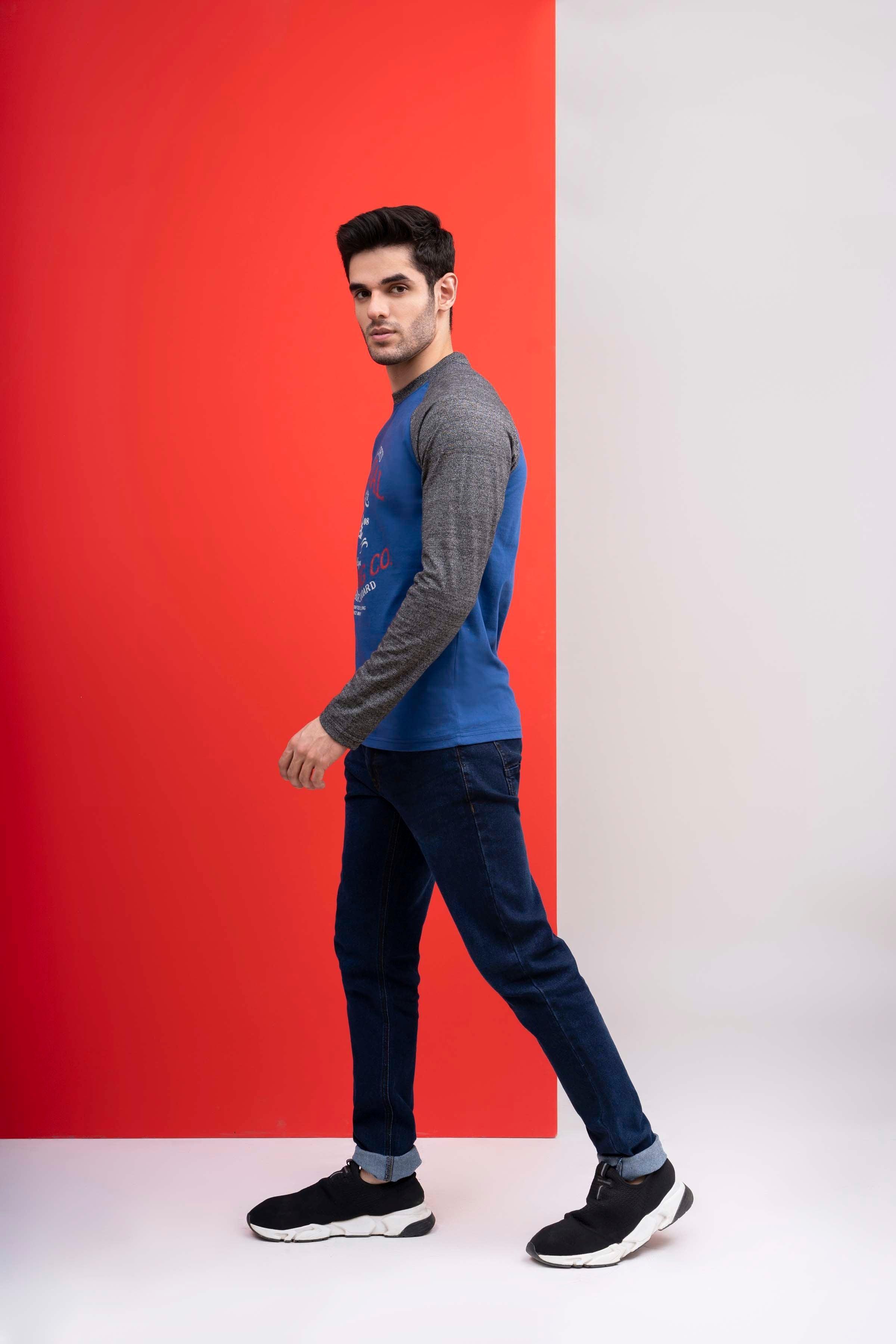 T SHIRT ROUND NECK FULL SLEEVE ROYAL BLUE GREY at Charcoal Clothing