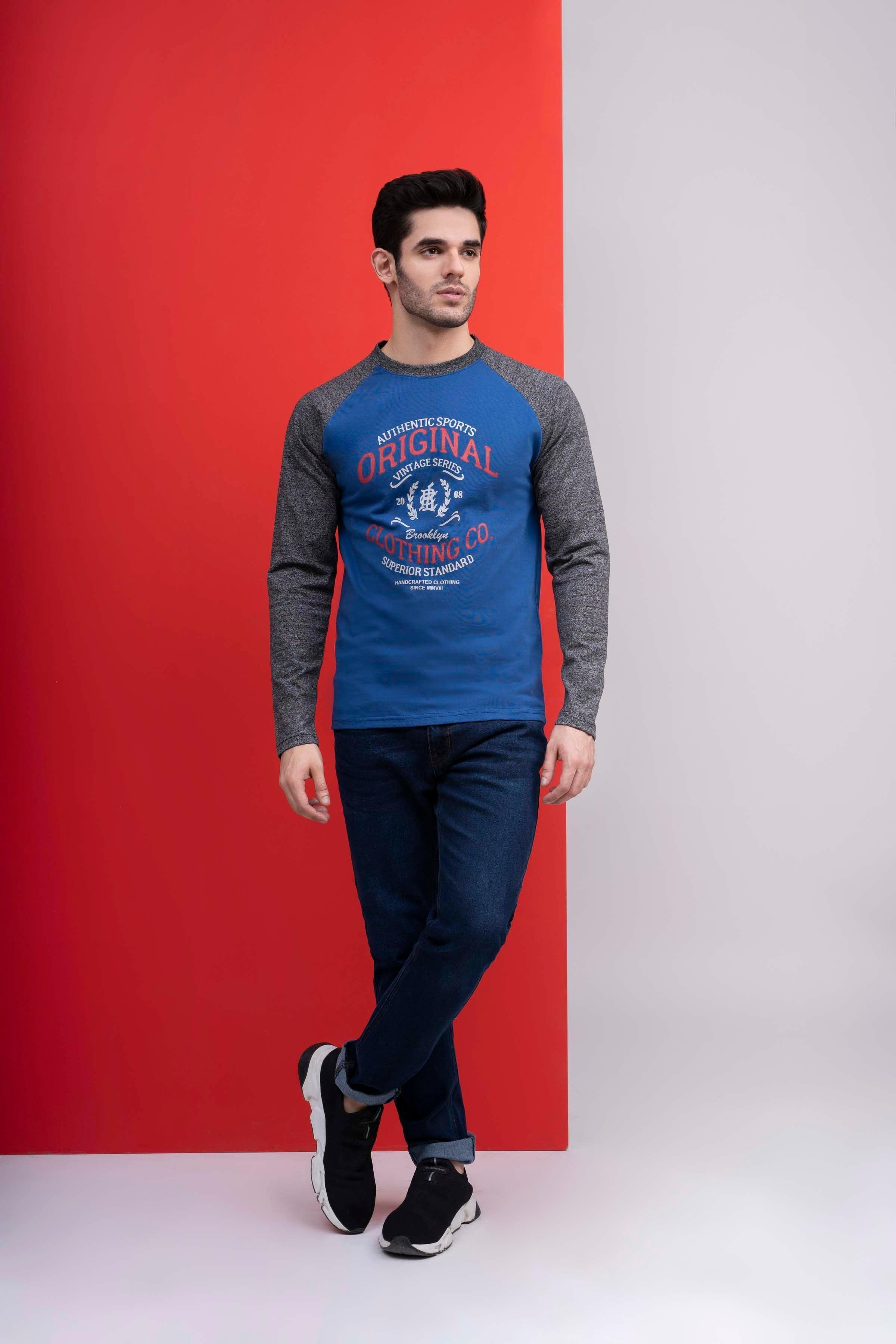 T SHIRT ROUND NECK FULL SLEEVE ROYAL BLUE GREY at Charcoal Clothing