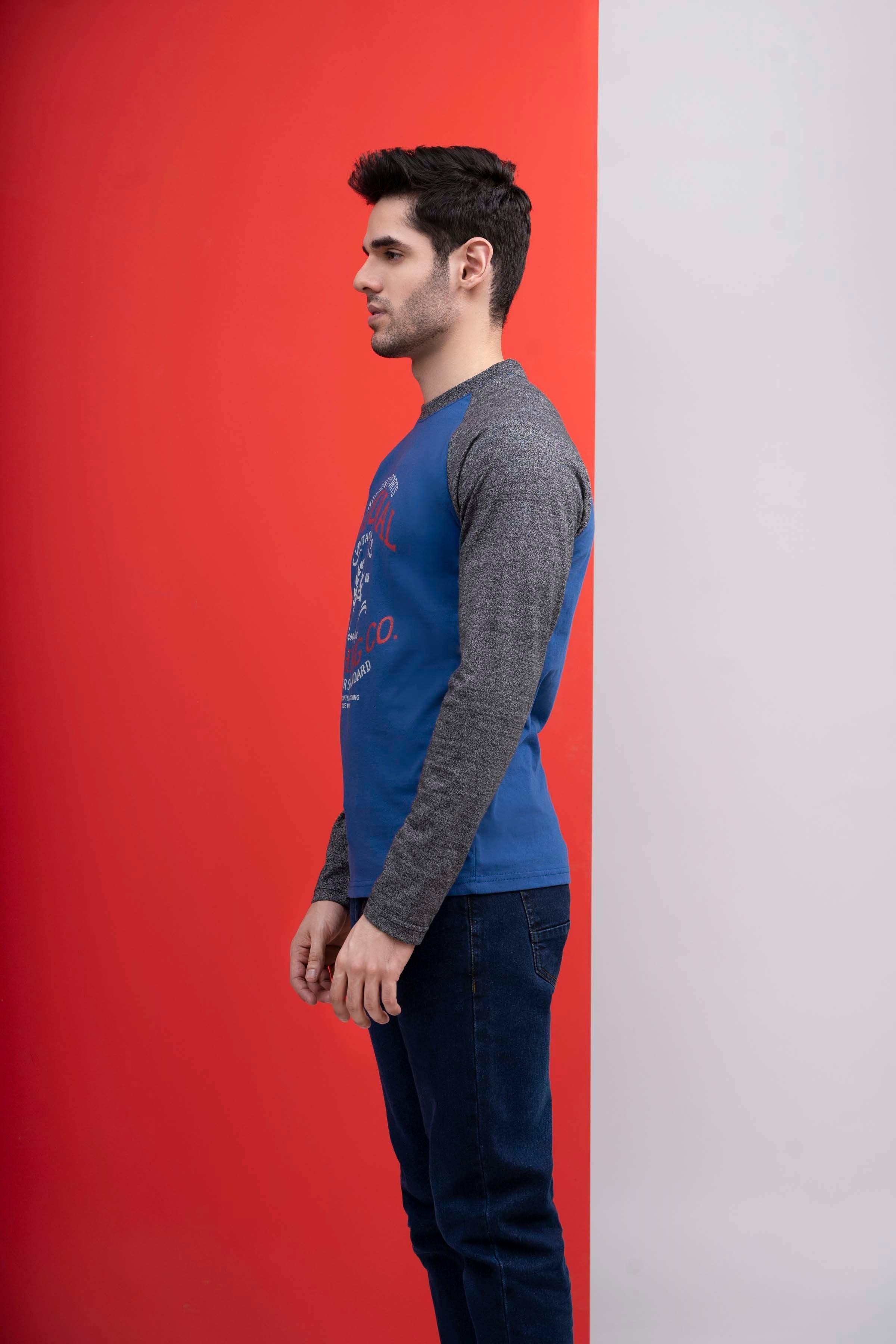 T SHIRT ROUND NECK FULL SLEEVE ROYAL BLUE GREY at Charcoal Clothing