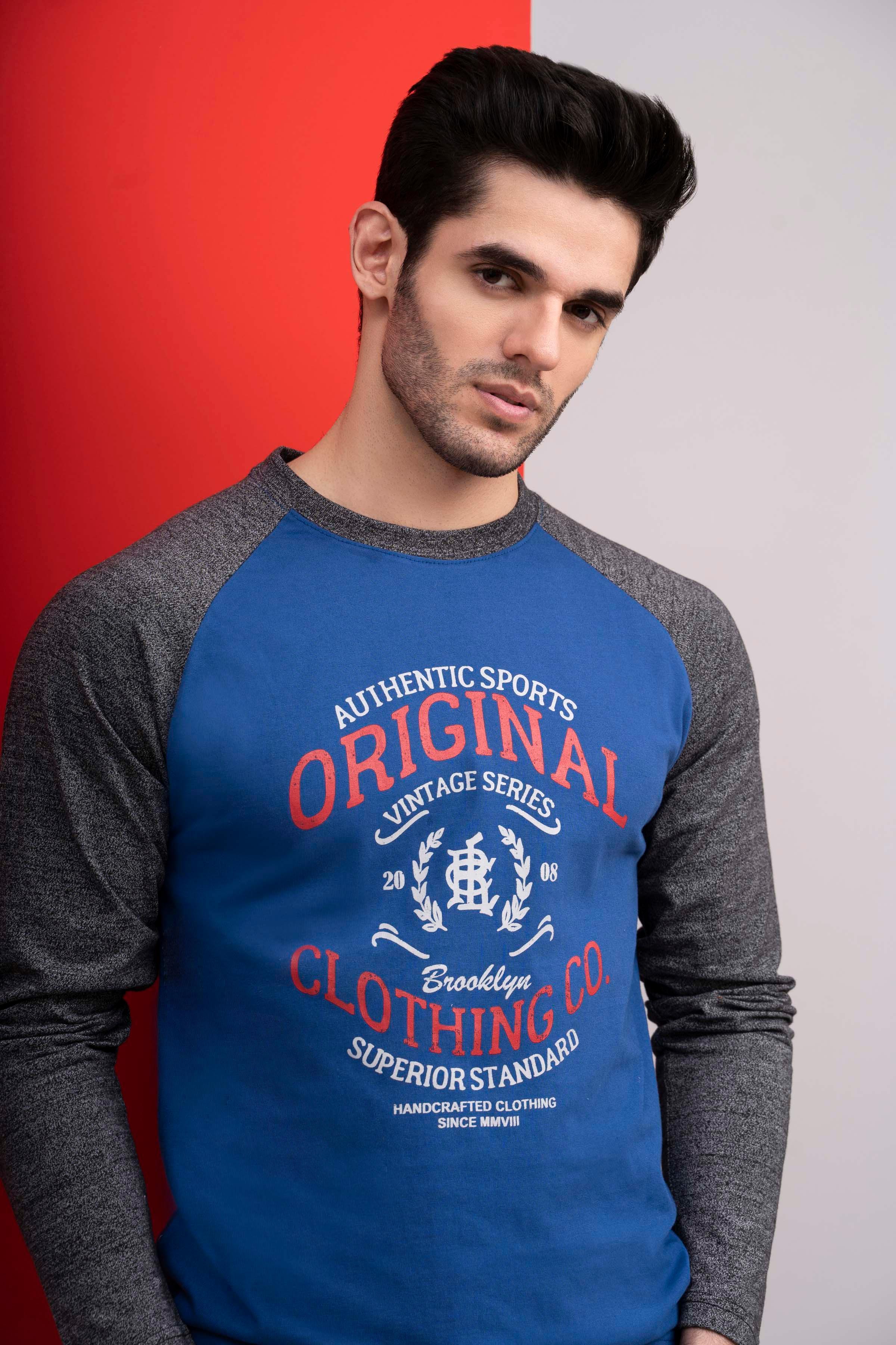 T SHIRT ROUND NECK FULL SLEEVE ROYAL BLUE GREY at Charcoal Clothing