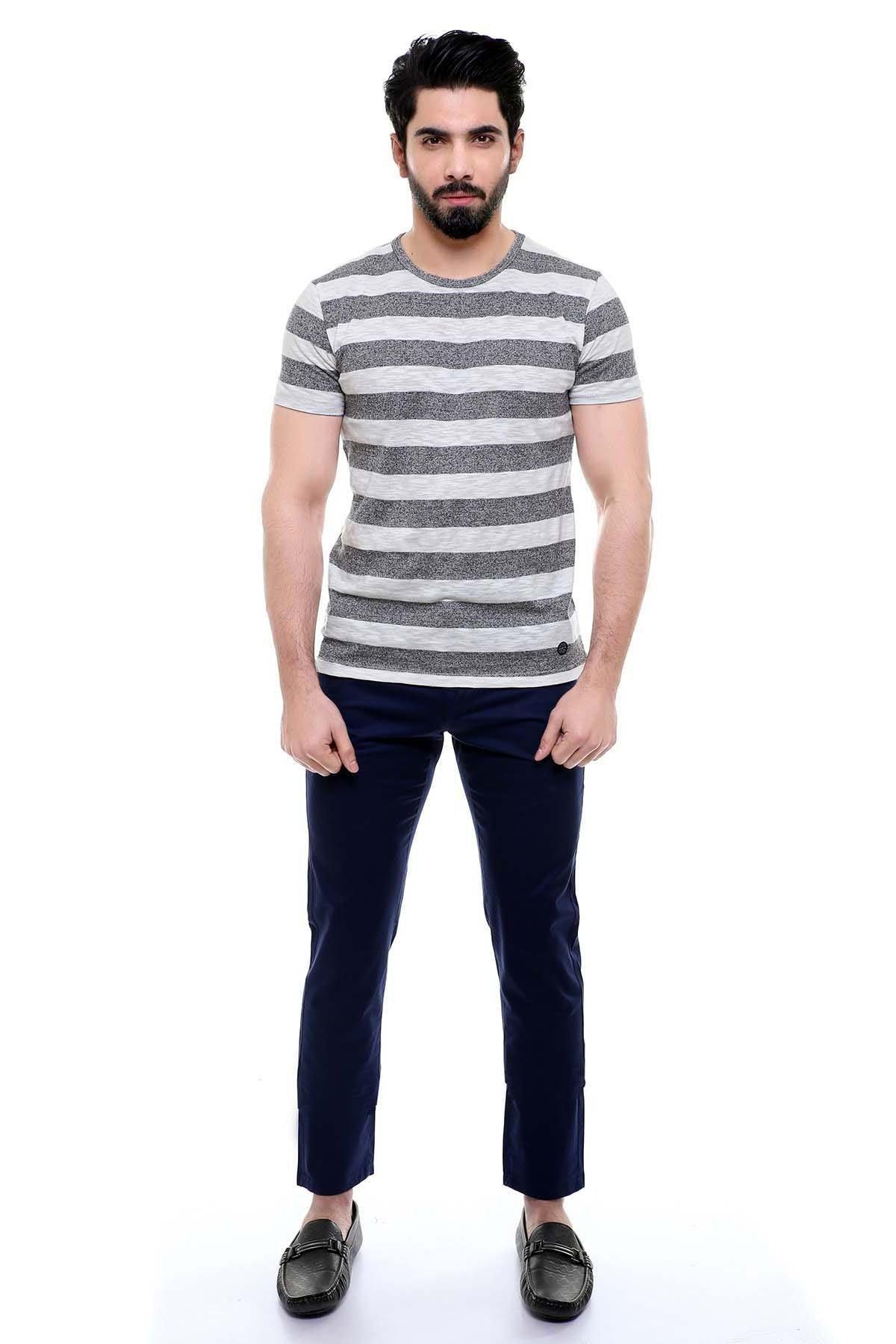 T SHIRT ROUND NECK GREY WHITE LINE at Charcoal Clothing