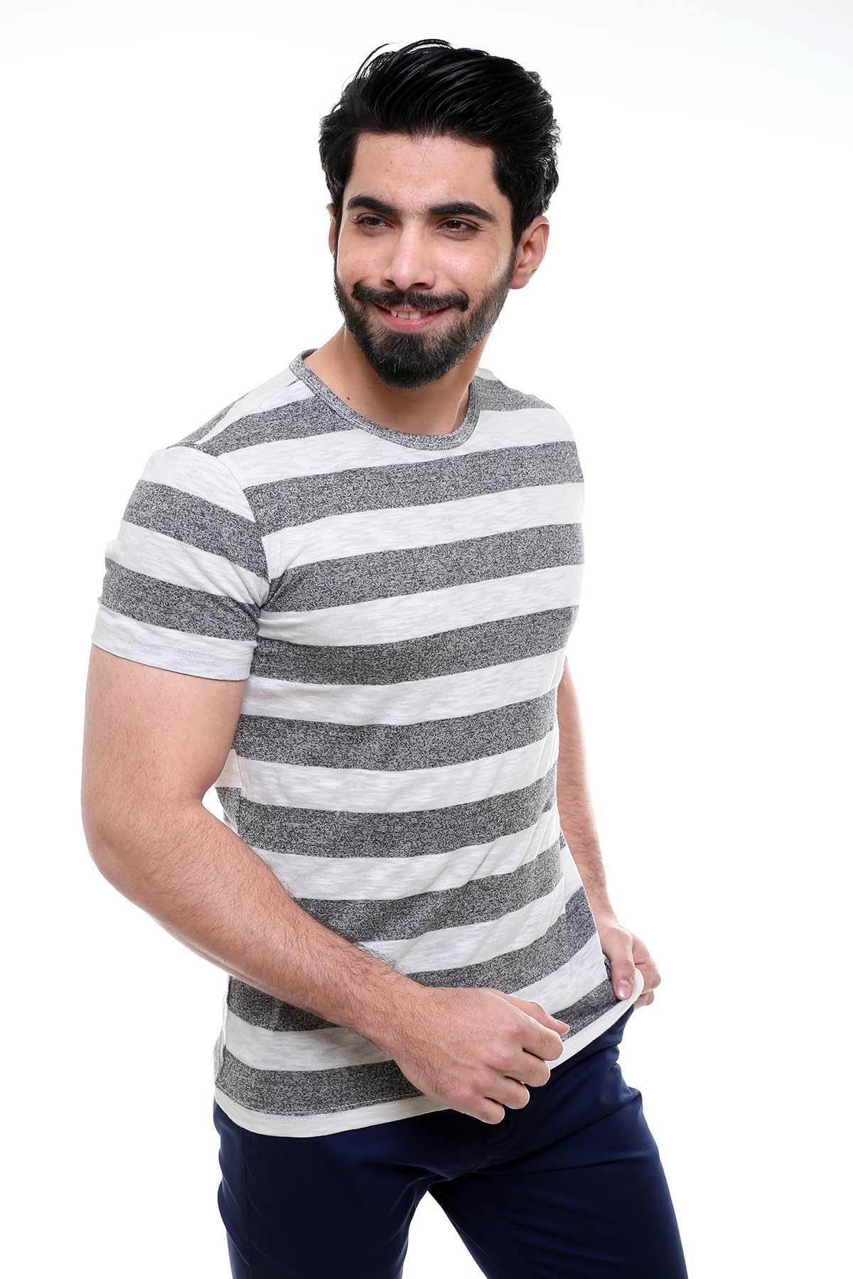 T SHIRT ROUND NECK GREY WHITE LINE at Charcoal Clothing