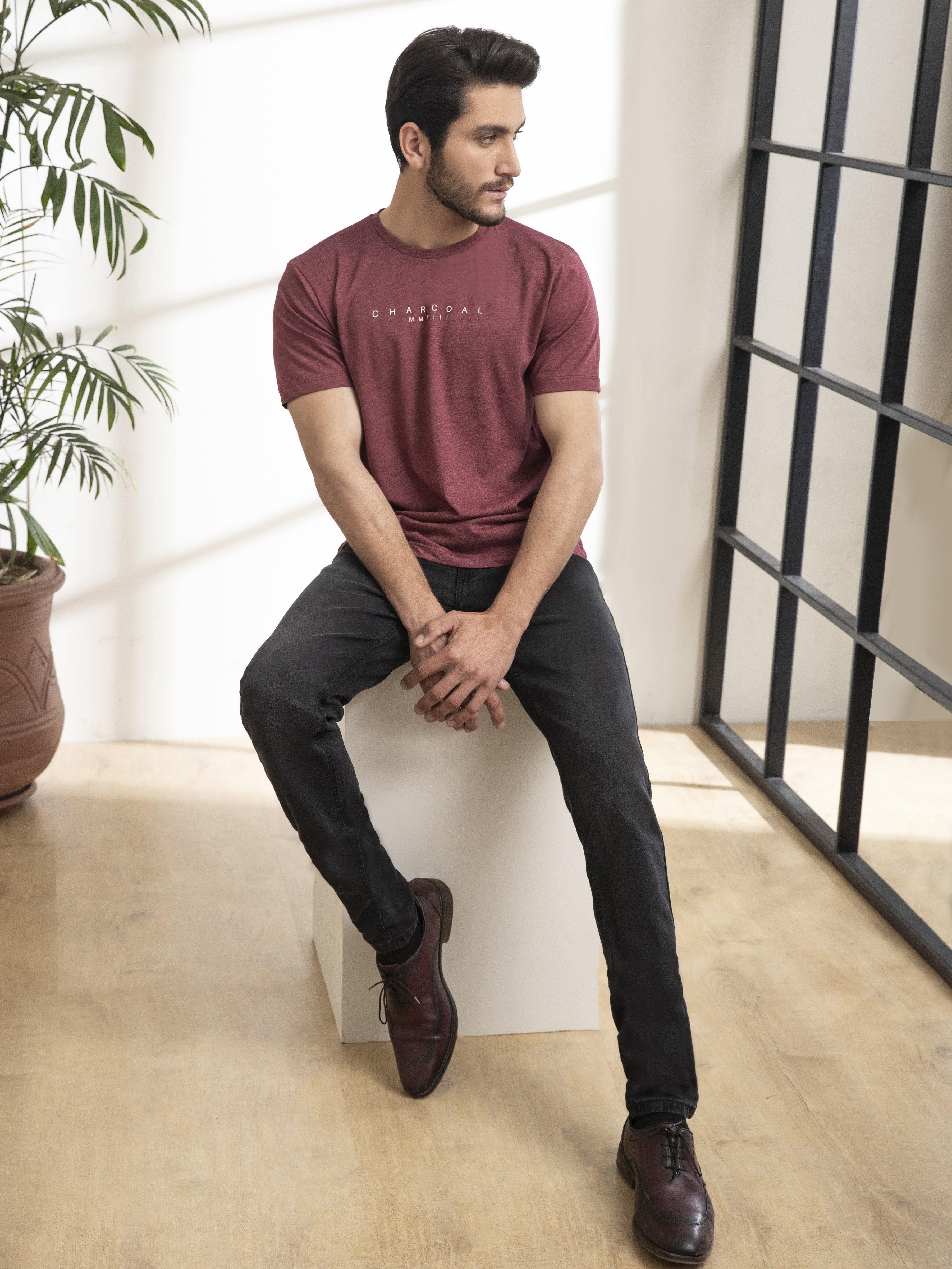 T SHIRT ROUND NECK SLEEPWEAR MAROON MELANGE at Charcoal Clothing