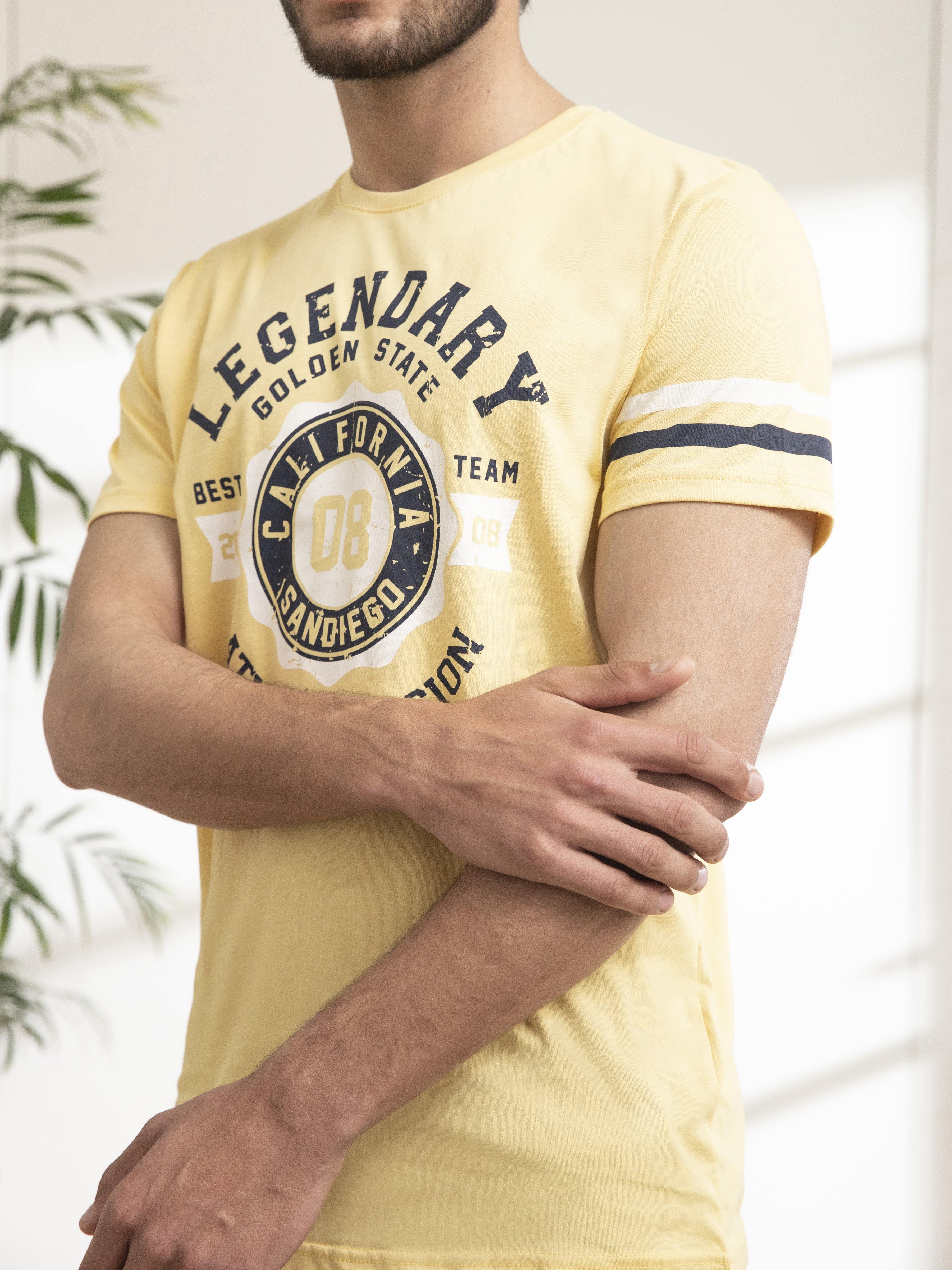 T SHIRT ROUND NECK STRIPES MUSTARD at Charcoal Clothing