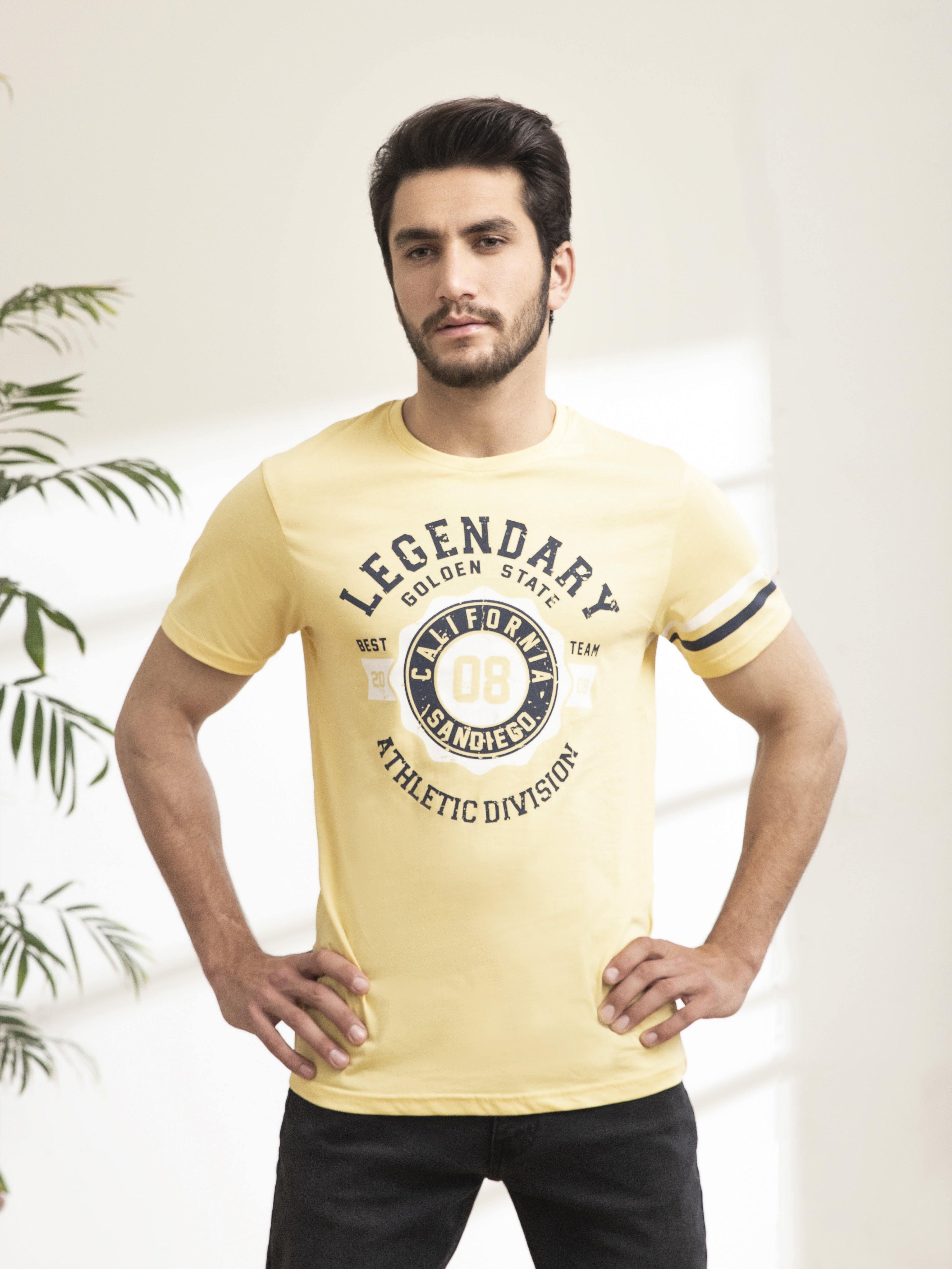 T SHIRT ROUND NECK STRIPES MUSTARD at Charcoal Clothing