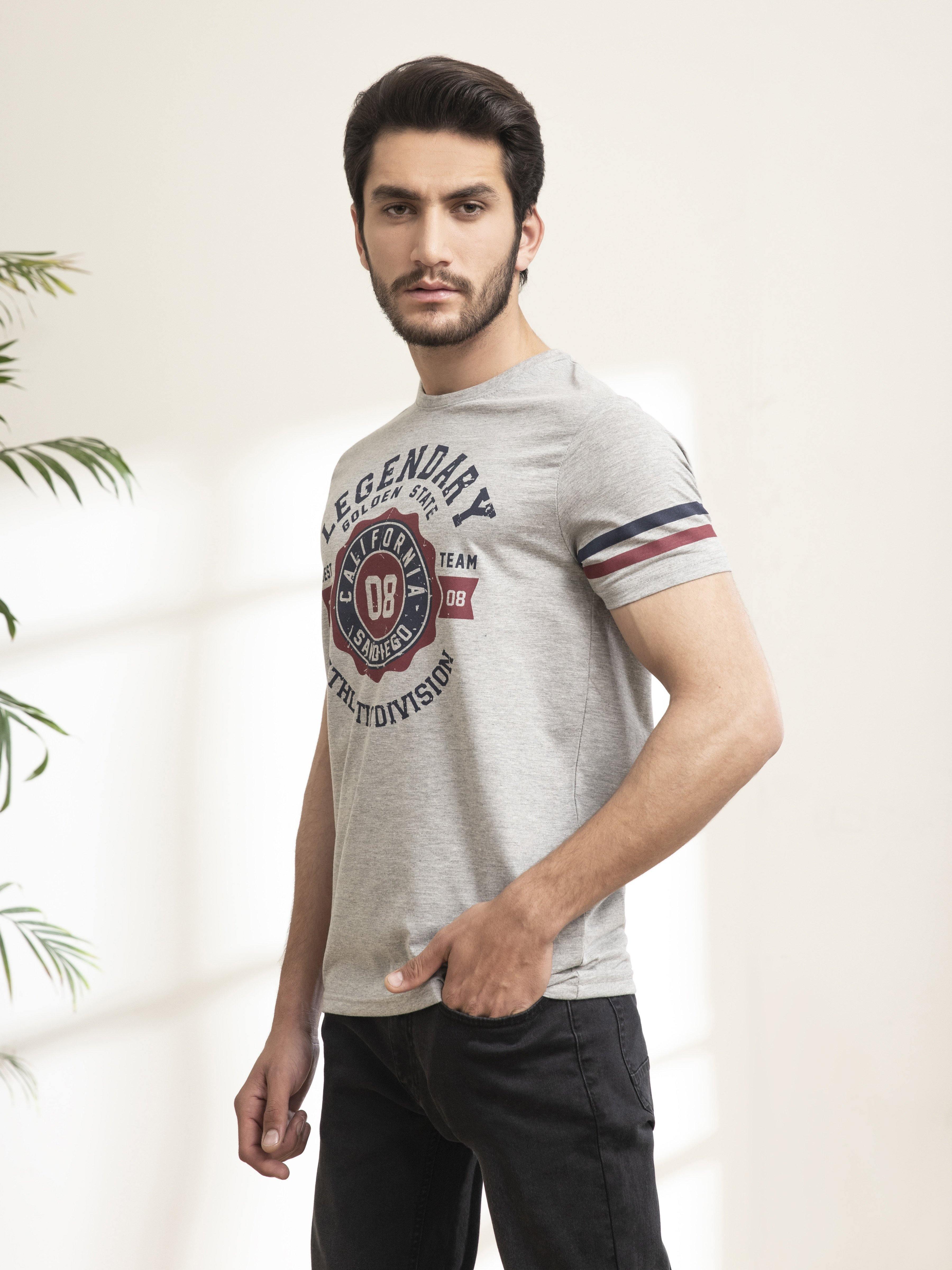 T SHIRT ROUND NECK STRIPS COKE GREY HEATHER at Charcoal Clothing