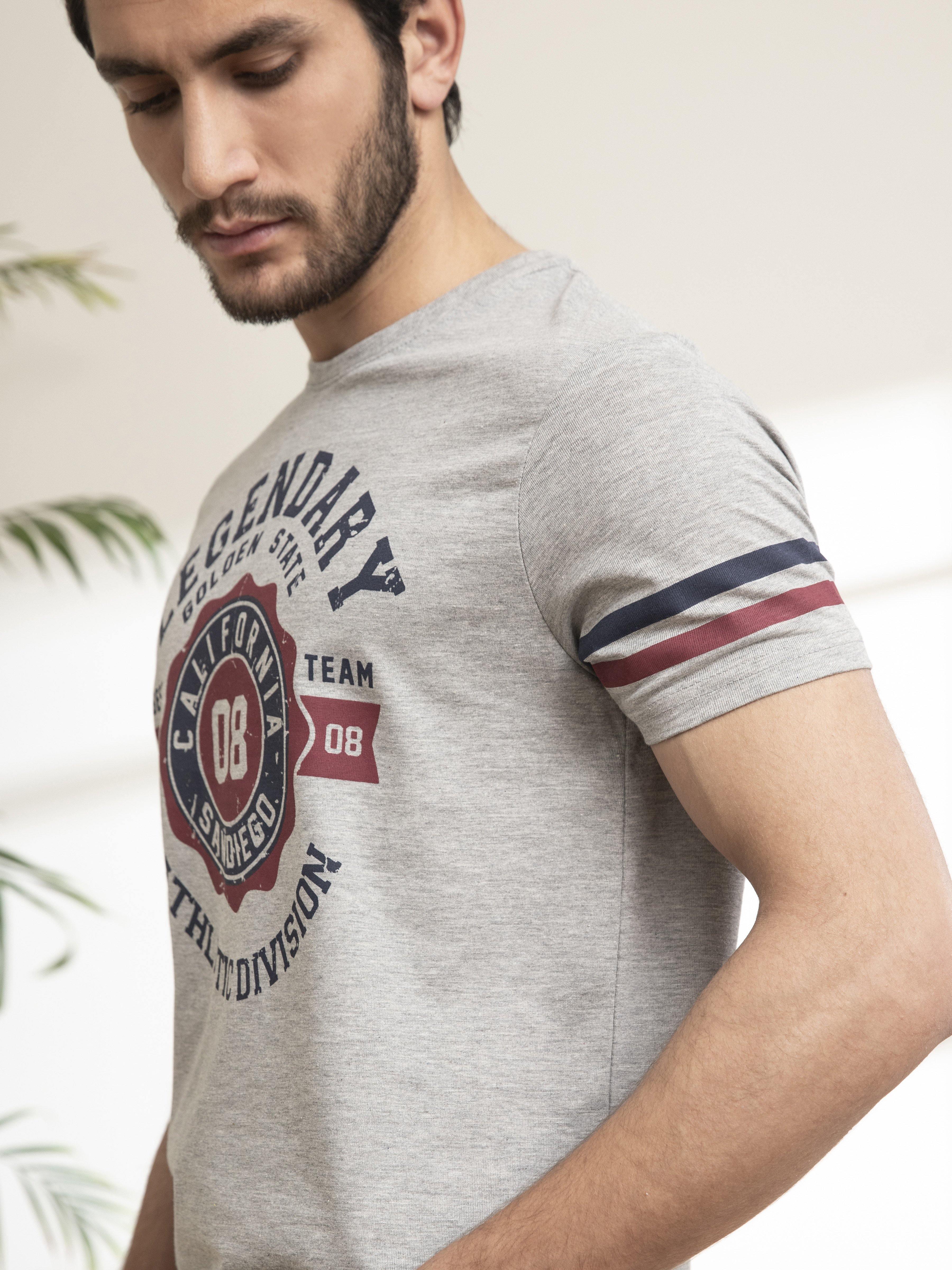 T SHIRT ROUND NECK STRIPS COKE GREY HEATHER at Charcoal Clothing