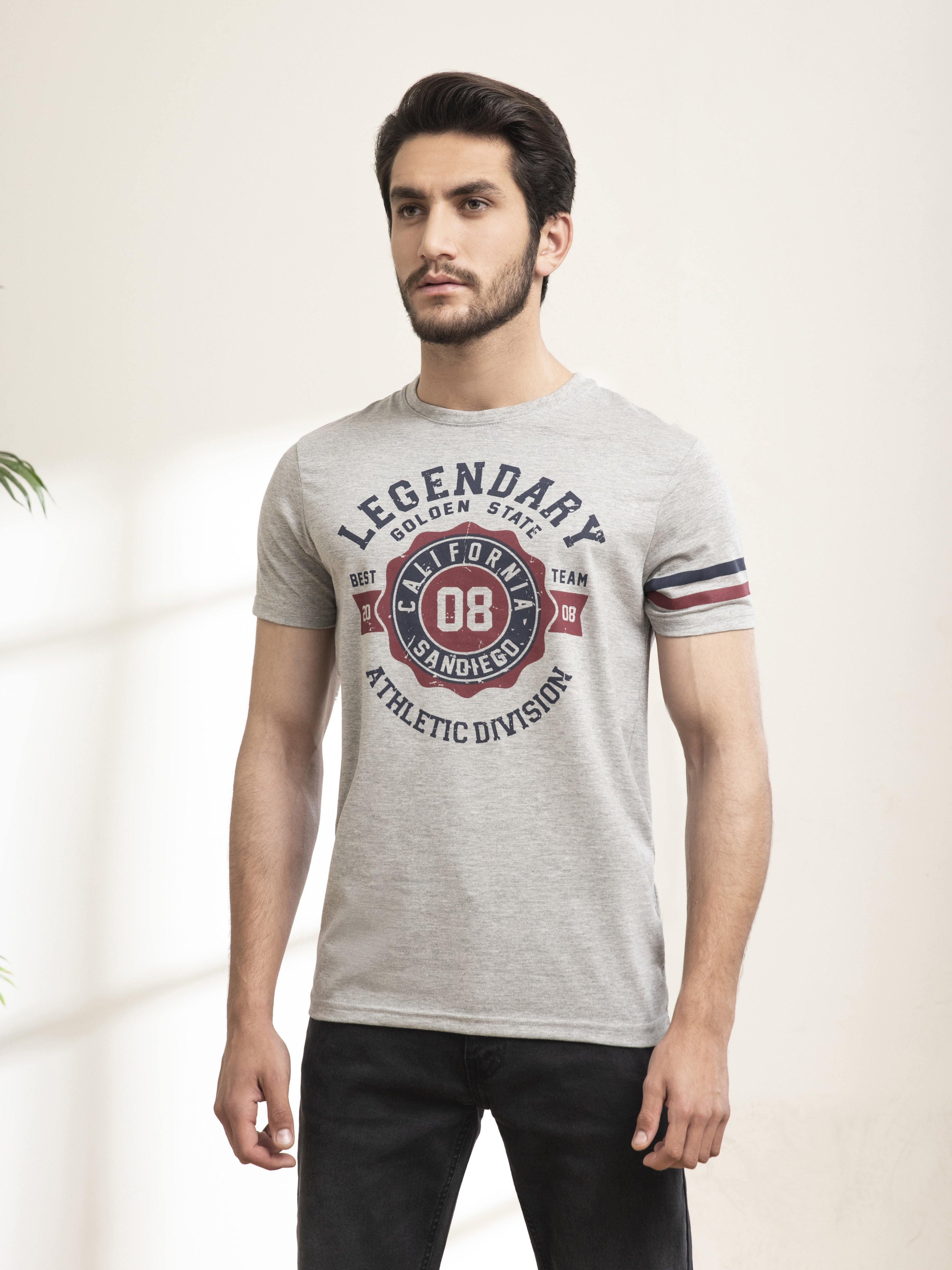 T SHIRT ROUND NECK STRIPS COKE GREY HEATHER at Charcoal Clothing