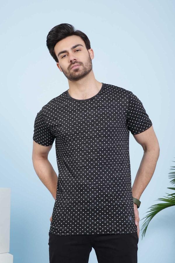 T SHIRT ROUND NICK PRINTED BLACK at Charcoal Clothing
