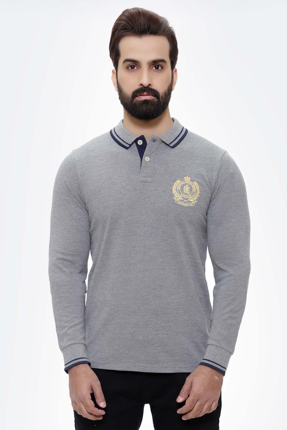 T SHIRT TIPPING COLLAR FULL SLEEVE GREY at Charcoal Clothing