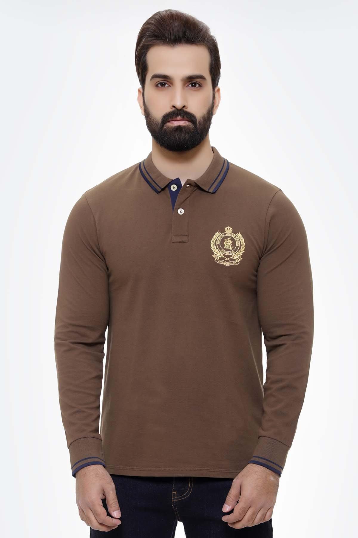 T SHIRT TIPPING COLLAR FULL SLEEVE KHAKI at Charcoal Clothing