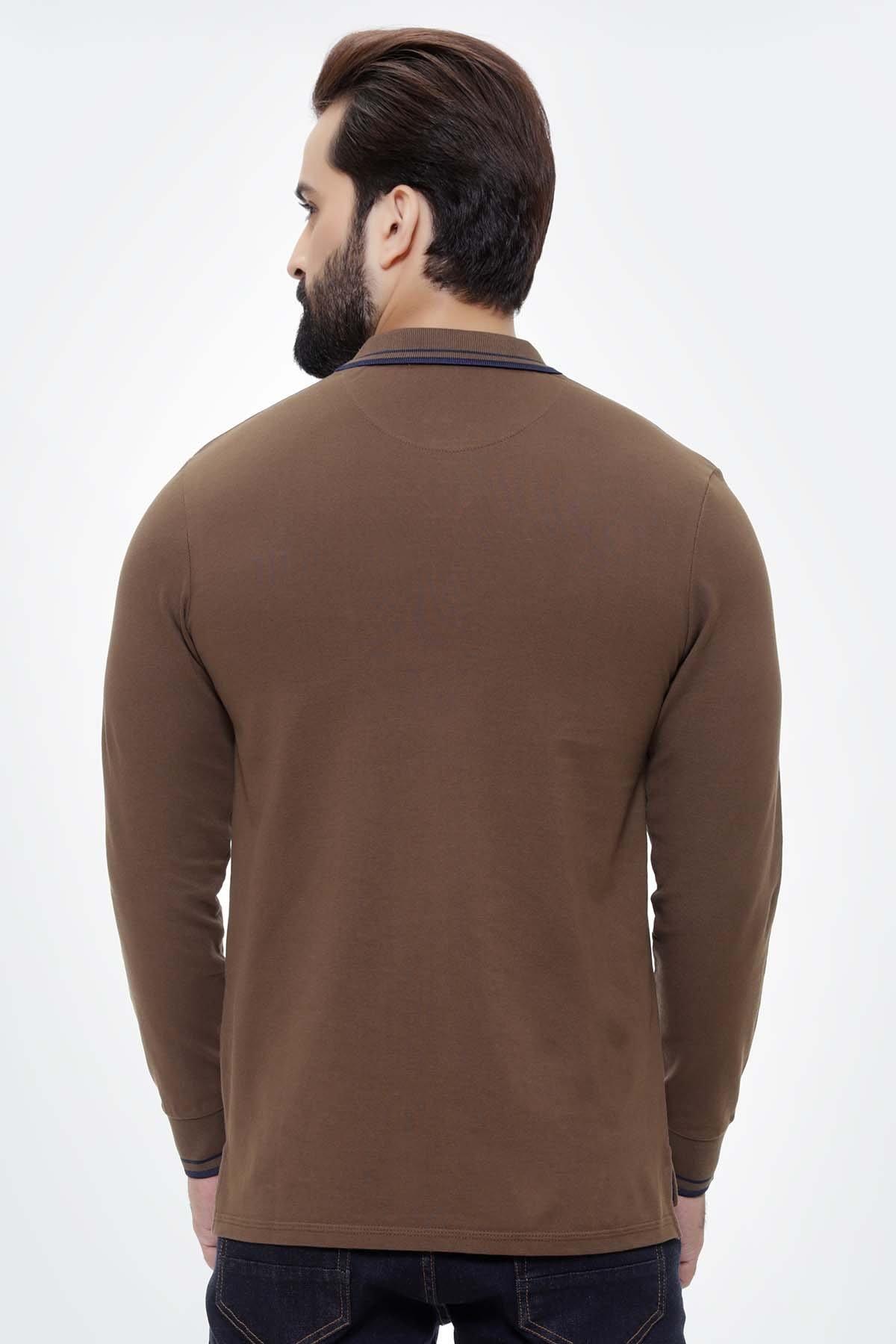 T SHIRT TIPPING COLLAR FULL SLEEVE KHAKI at Charcoal Clothing