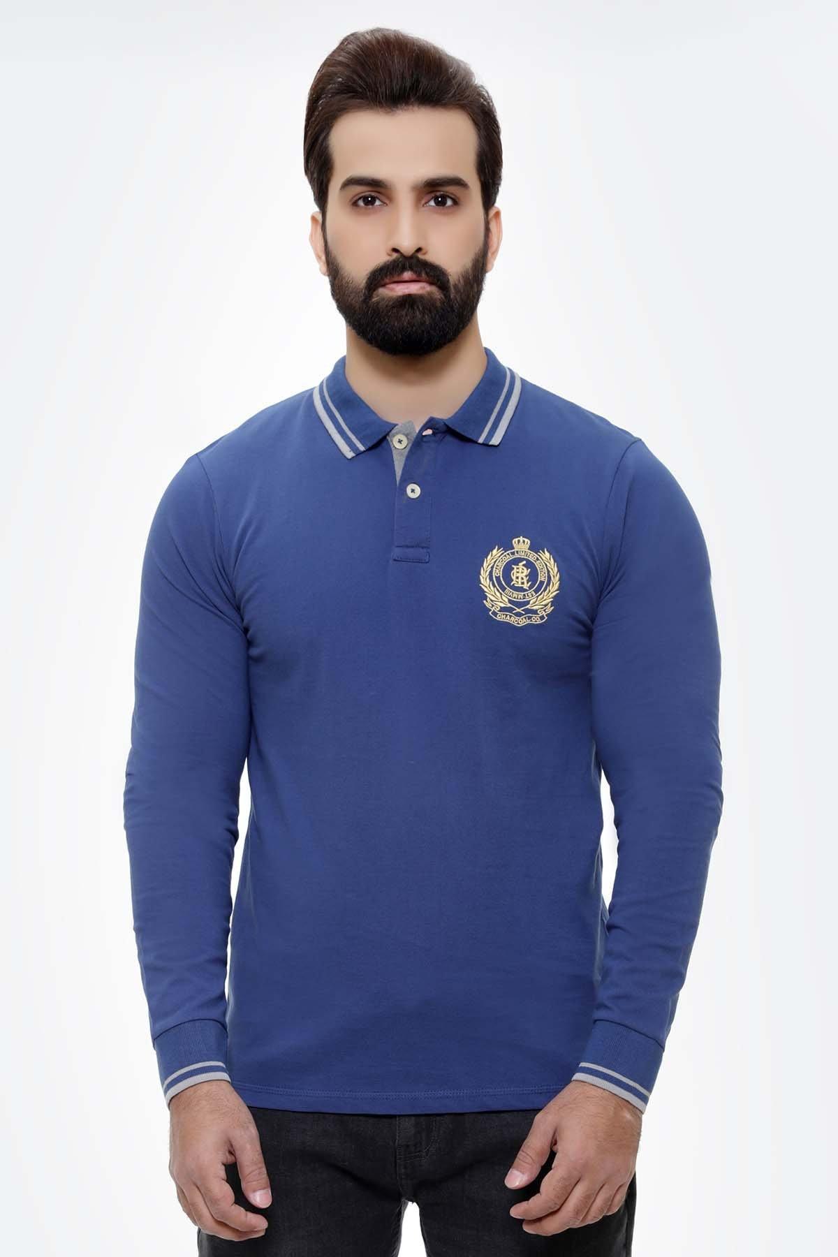 Royal blue long-sleeve polo shirt with tipped collar and button placket, chest logo