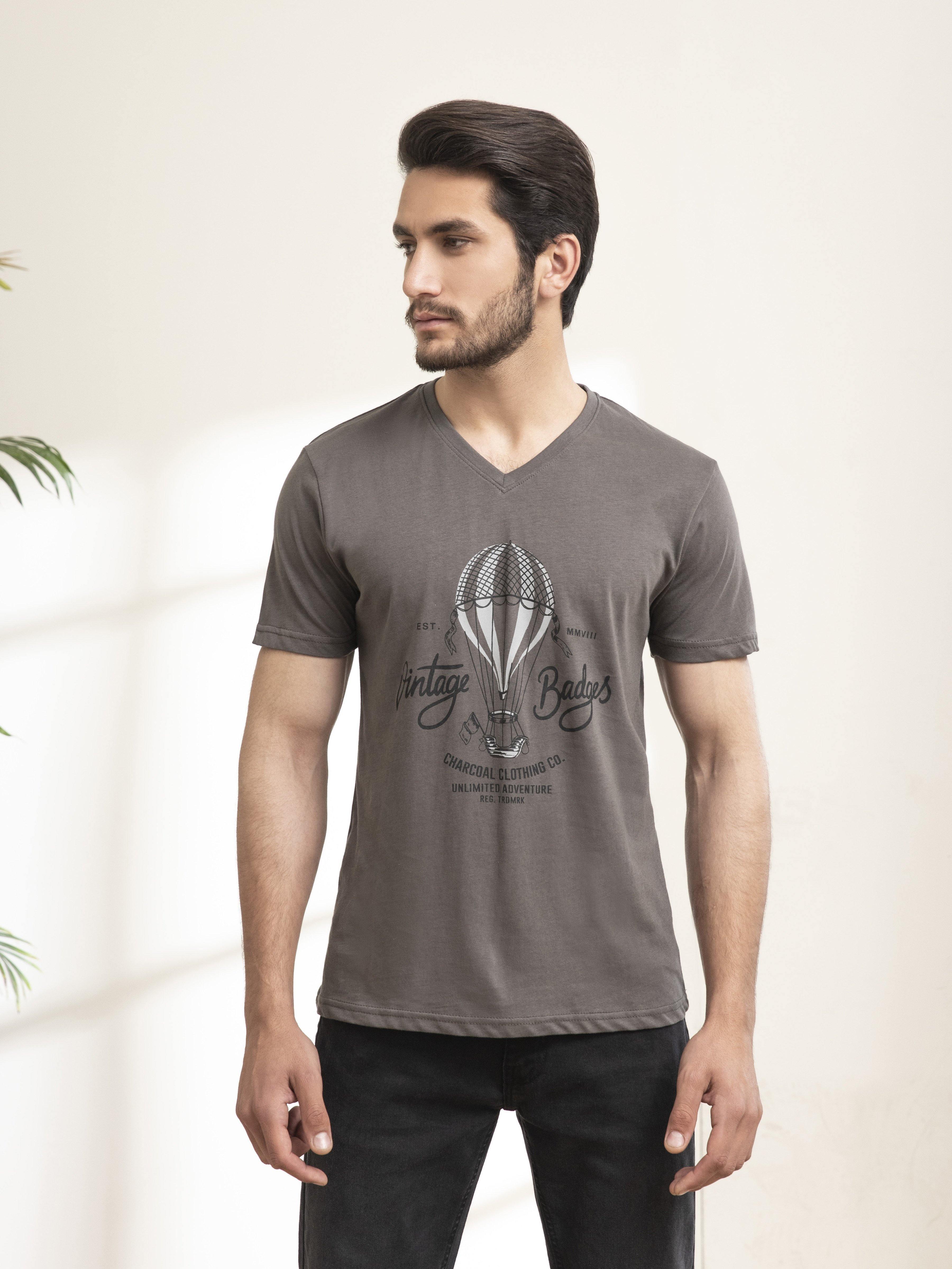 T SHIRT V NECK AIR BALOON CHARCOAL GREY at Charcoal Clothing