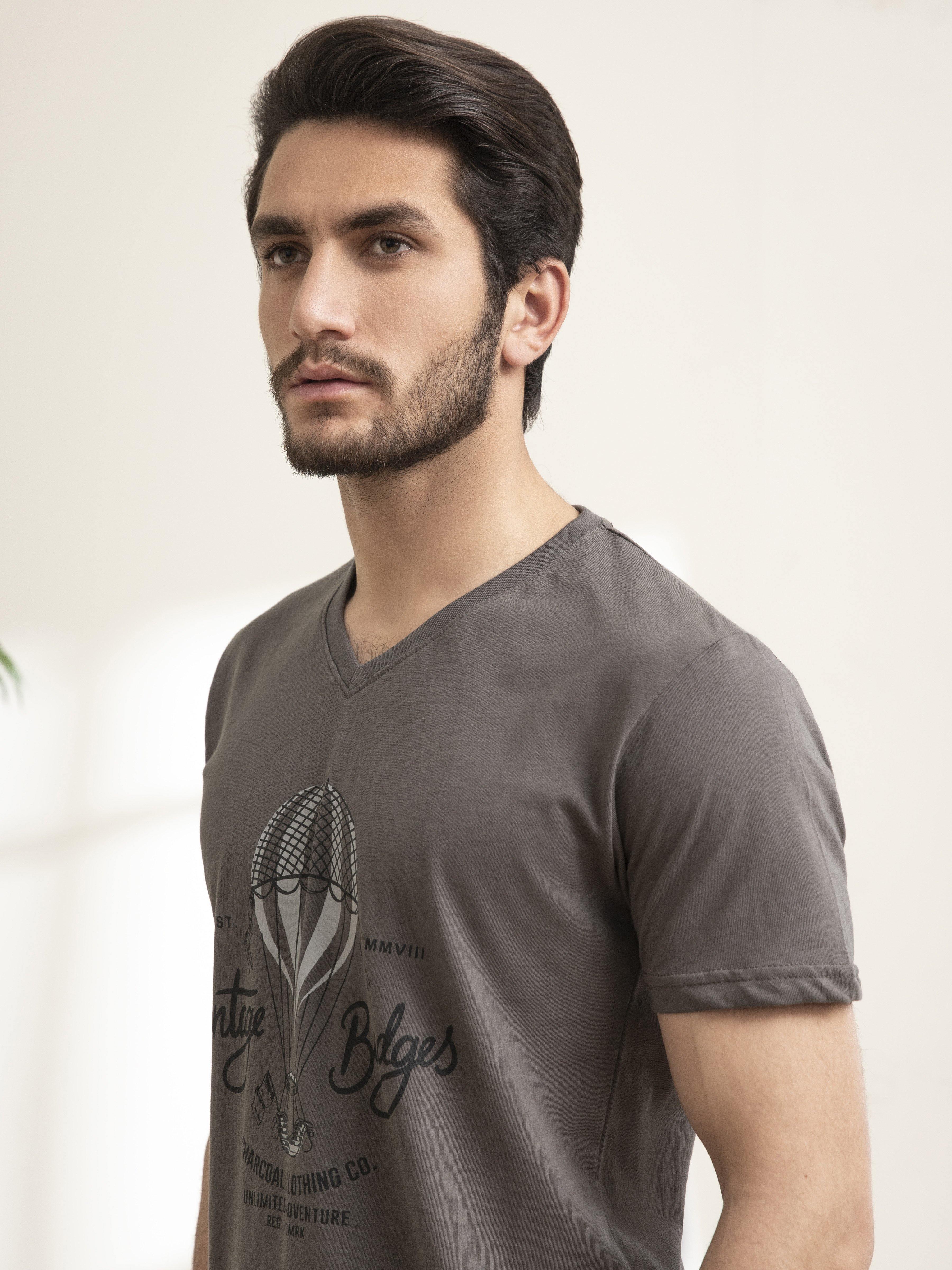 T SHIRT V NECK AIR BALOON CHARCOAL GREY at Charcoal Clothing