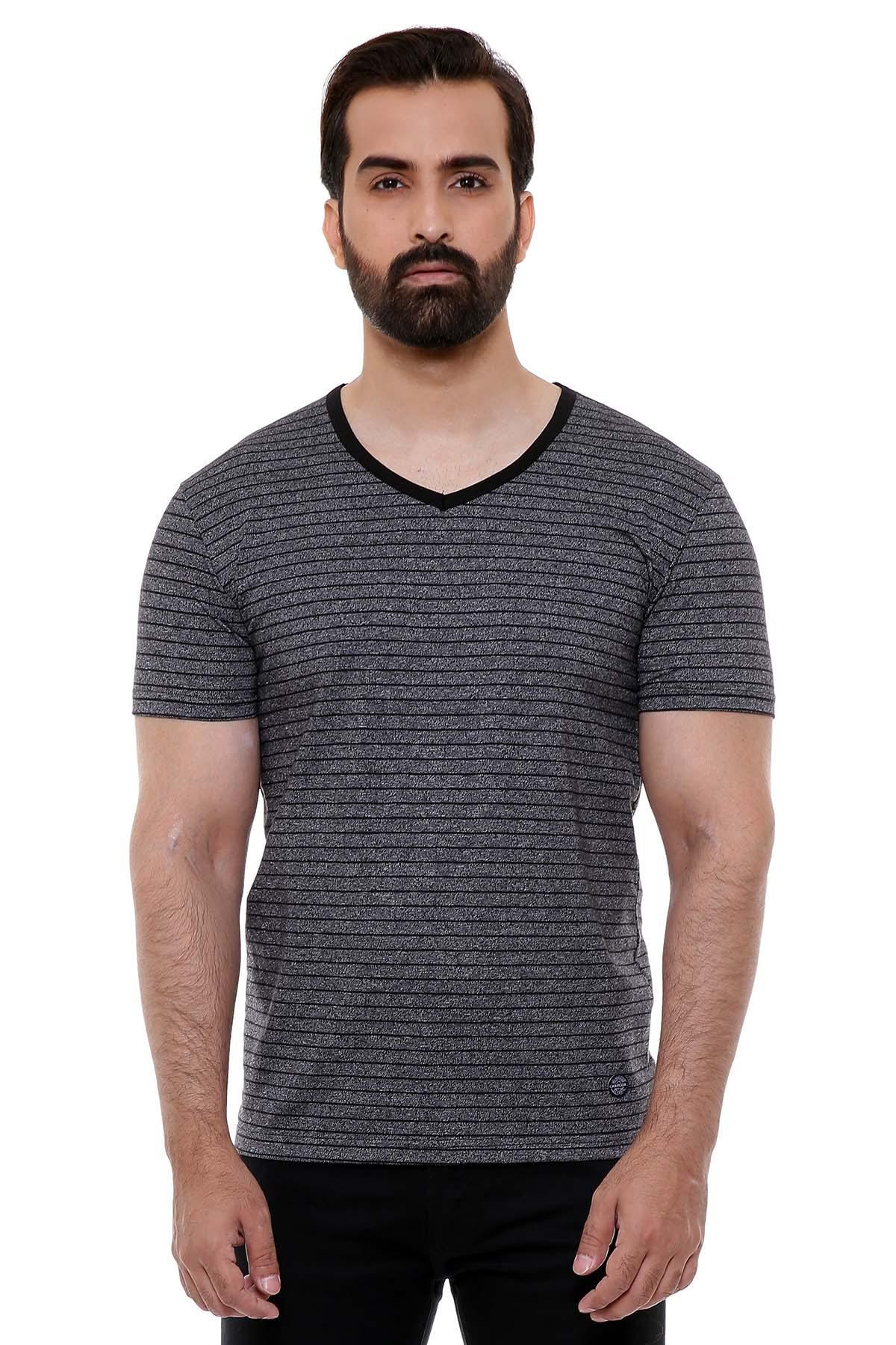 V-neck T-shirt in dark gray-black knit with subtle horizontal stripes
