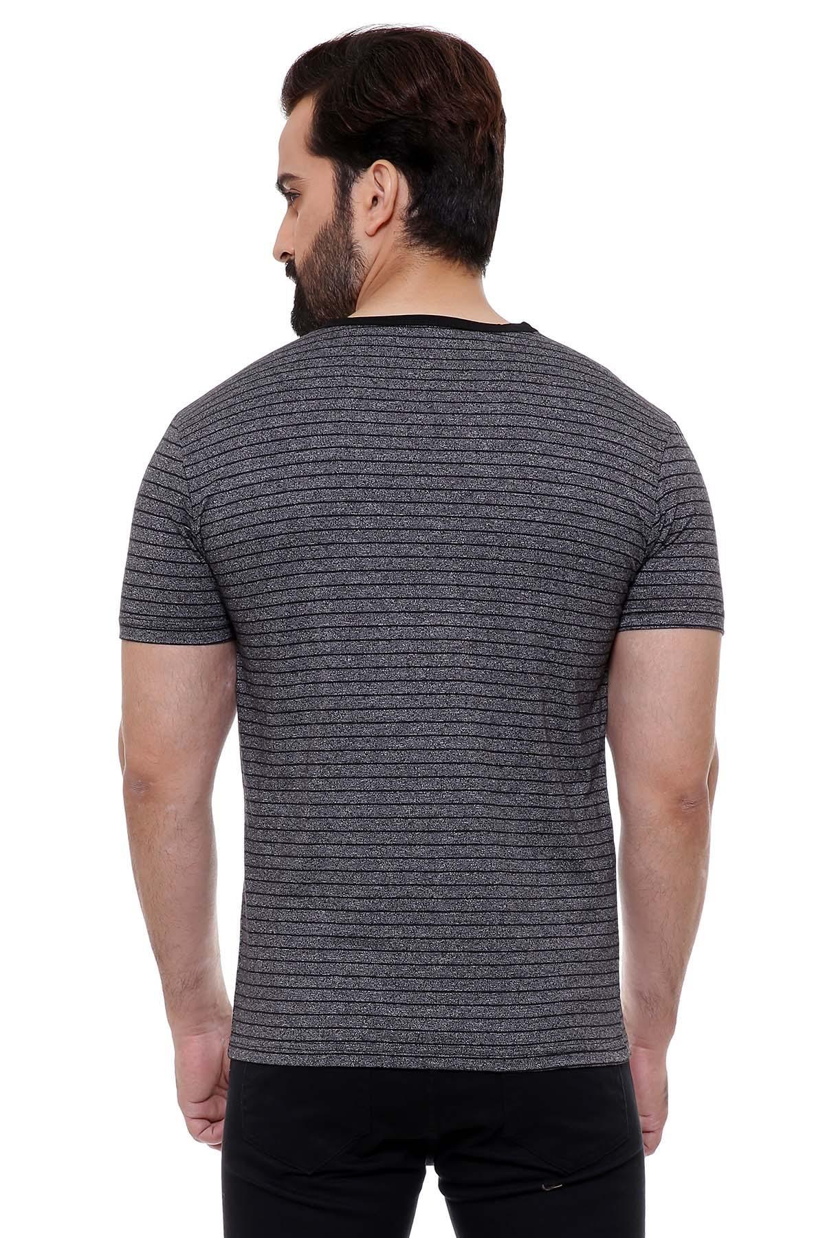 Back of V-neck T-shirt, dark gray-black knit with subtle horizontal stripes