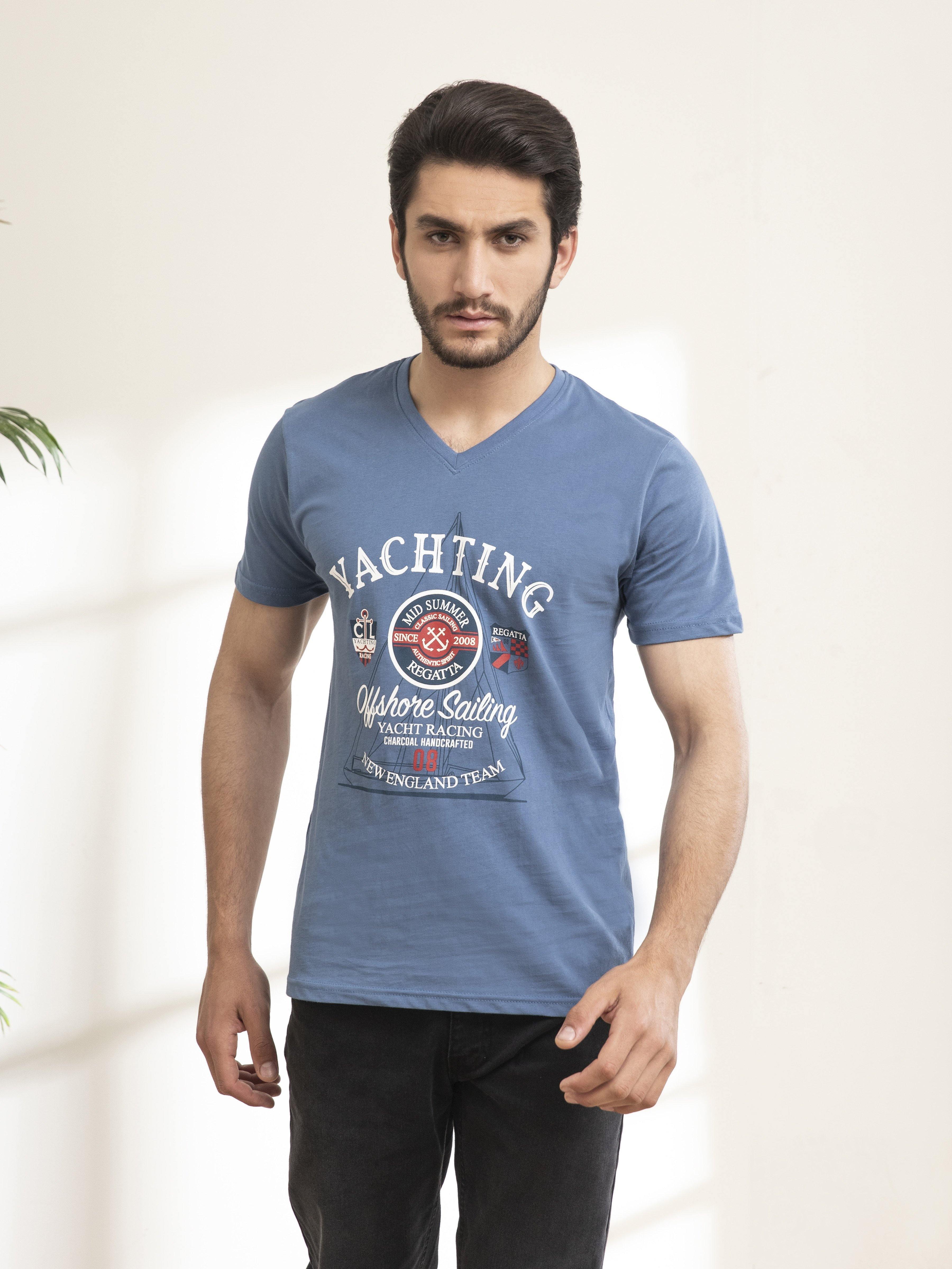 T SHIRT V NECK BLUE GREY at Charcoal Clothing