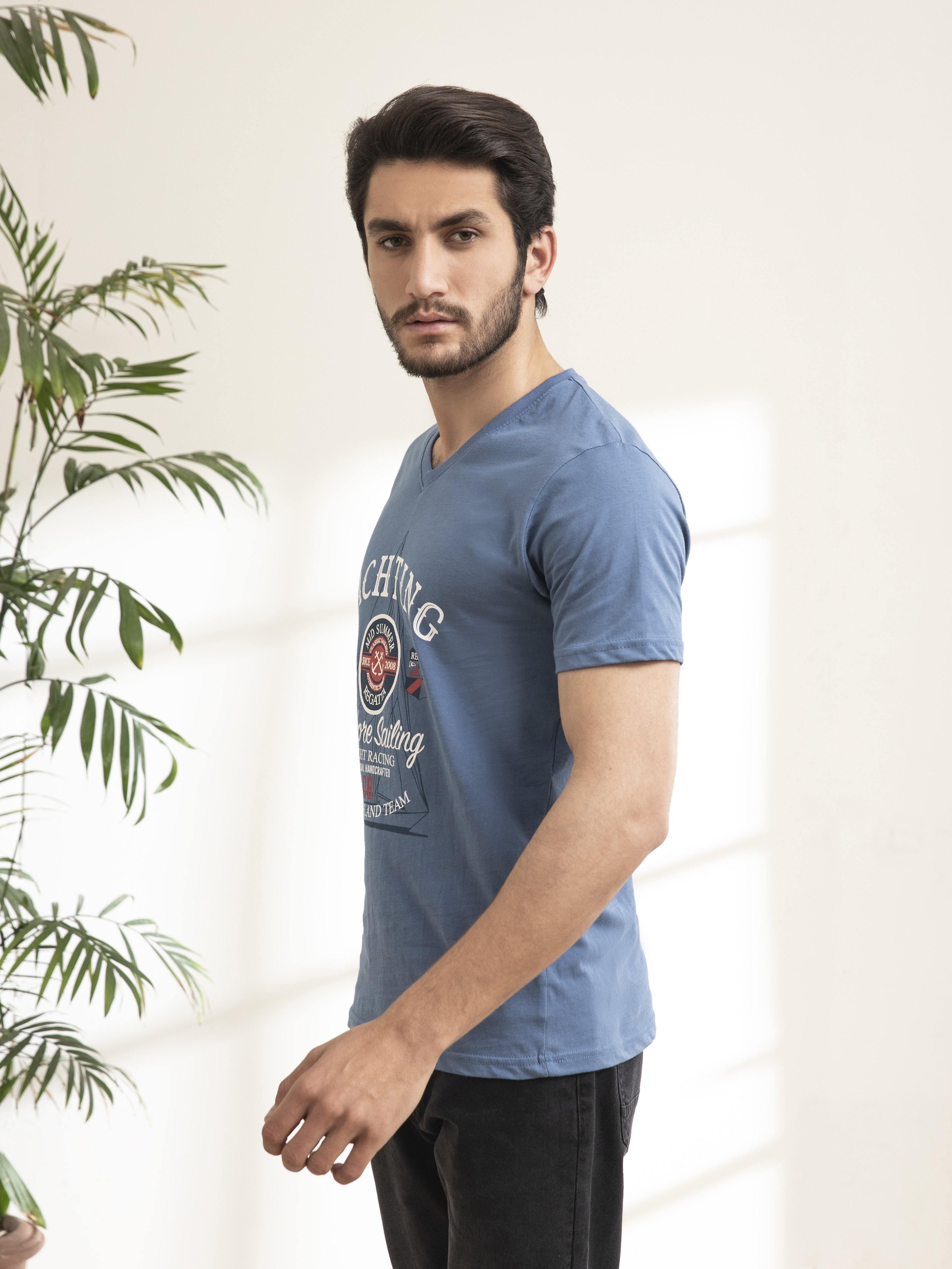 T SHIRT V NECK BLUE GREY at Charcoal Clothing
