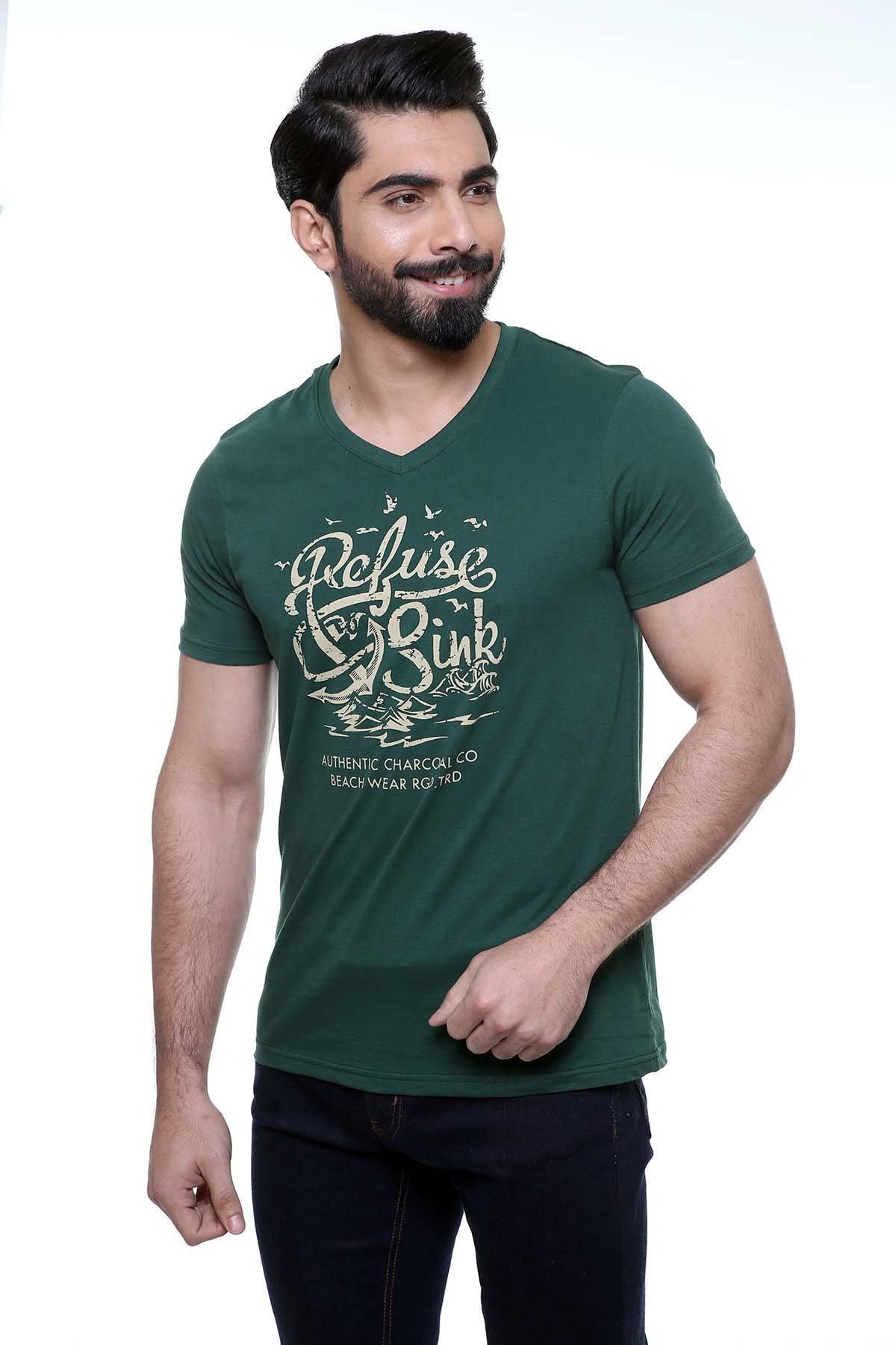 Green V-neck T-shirt, front slogan graphic visible, short sleeves