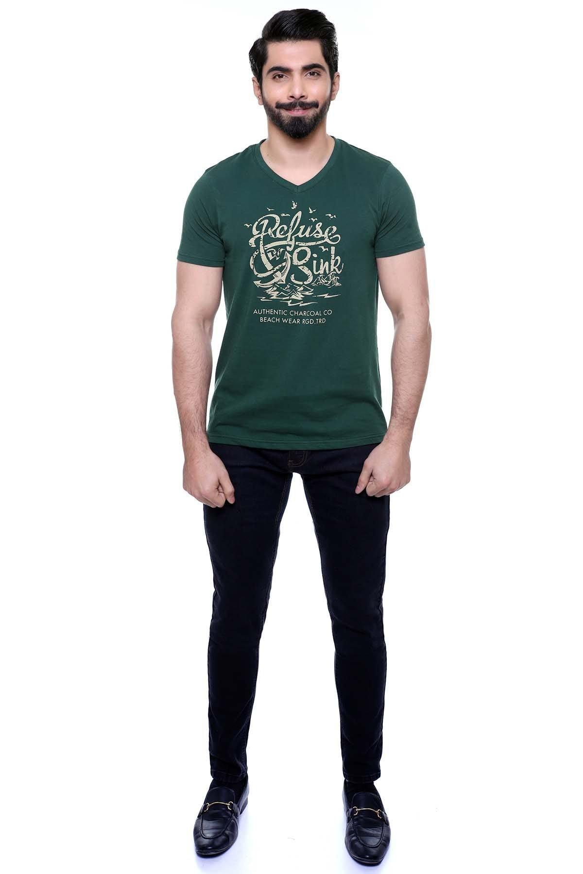 Green V-neck T-shirt with front slogan graphic, short sleeves