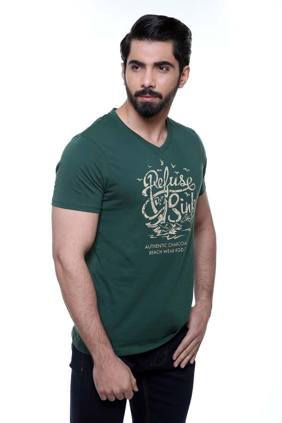 Green V-neck T-shirt with white front print and short sleeves