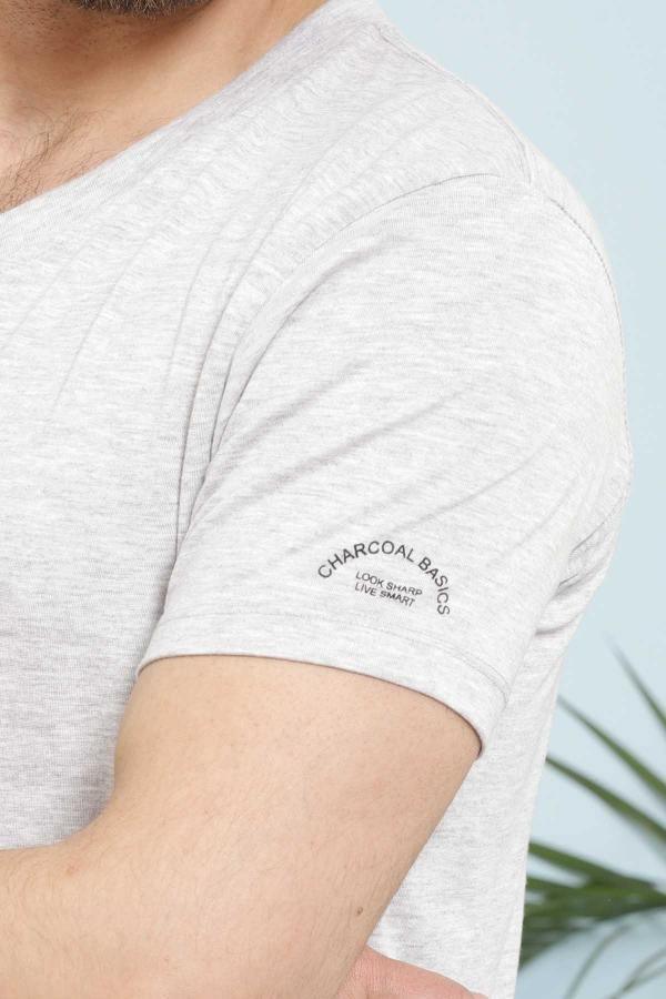 Grey V-neck T-shirt sleeve with small printed logo text