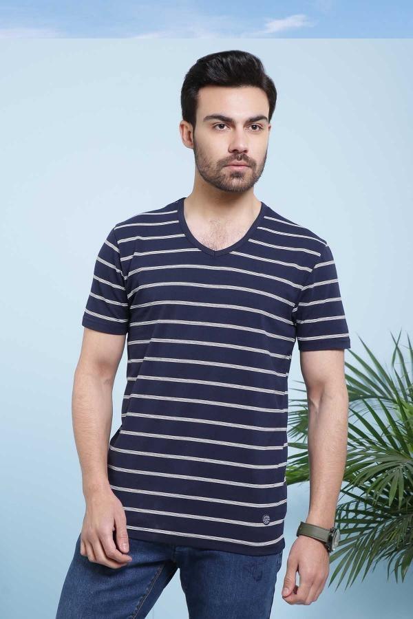 T SHIRT V NECK NAVY WHITE at Charcoal Clothing