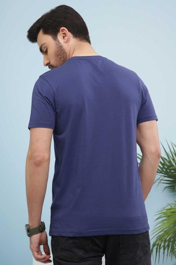 Navy V-neck T-shirt back view, plain solid fabric