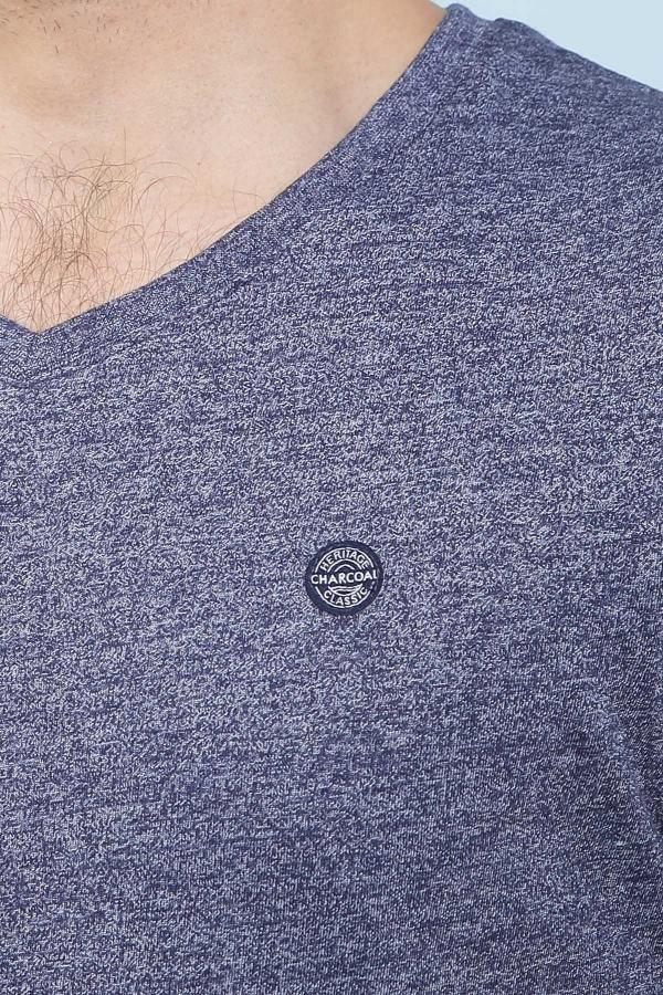 Heather navy V-neck T-shirt close-up of chest logo