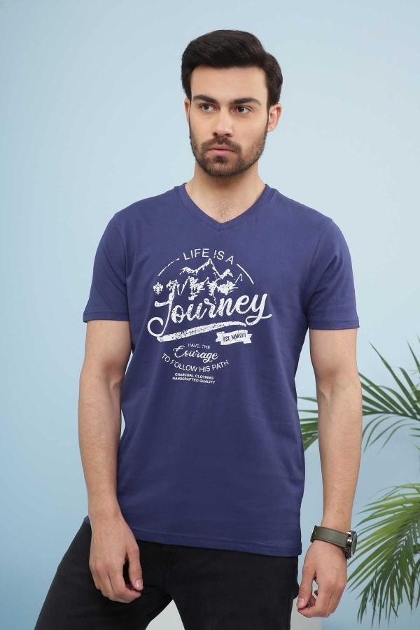 Navy V-neck T-shirt with Journey graphic print on chest