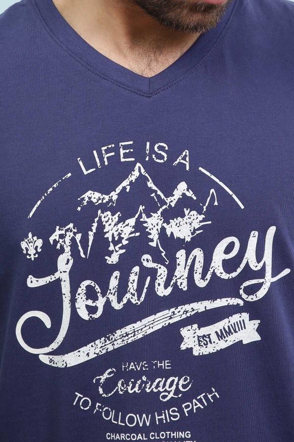 Navy V-neck T-shirt close-up of Journey slogan graphic