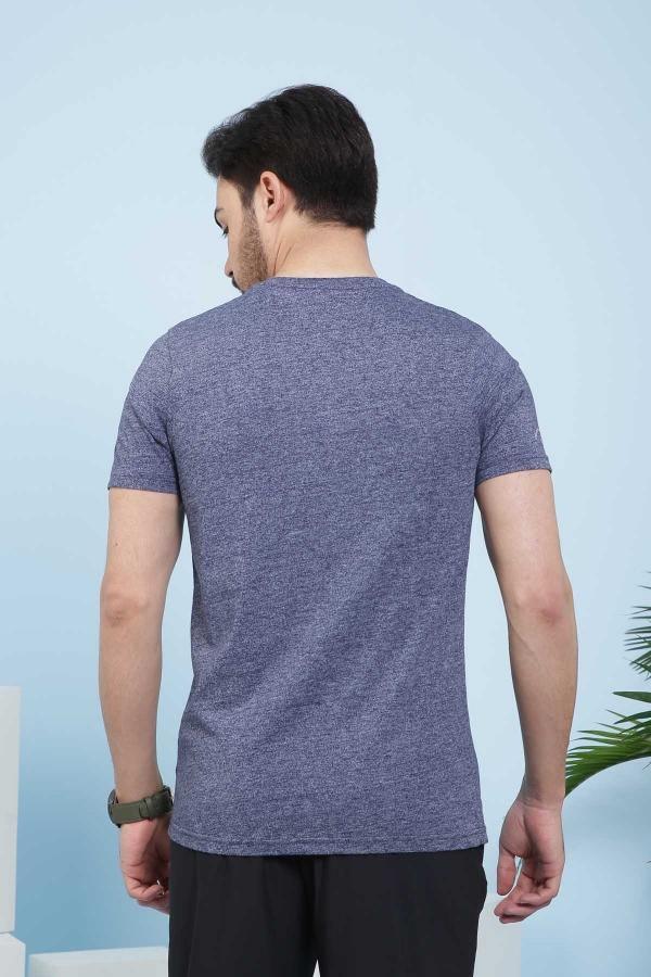 Heather navy T-shirt back view with short sleeves
